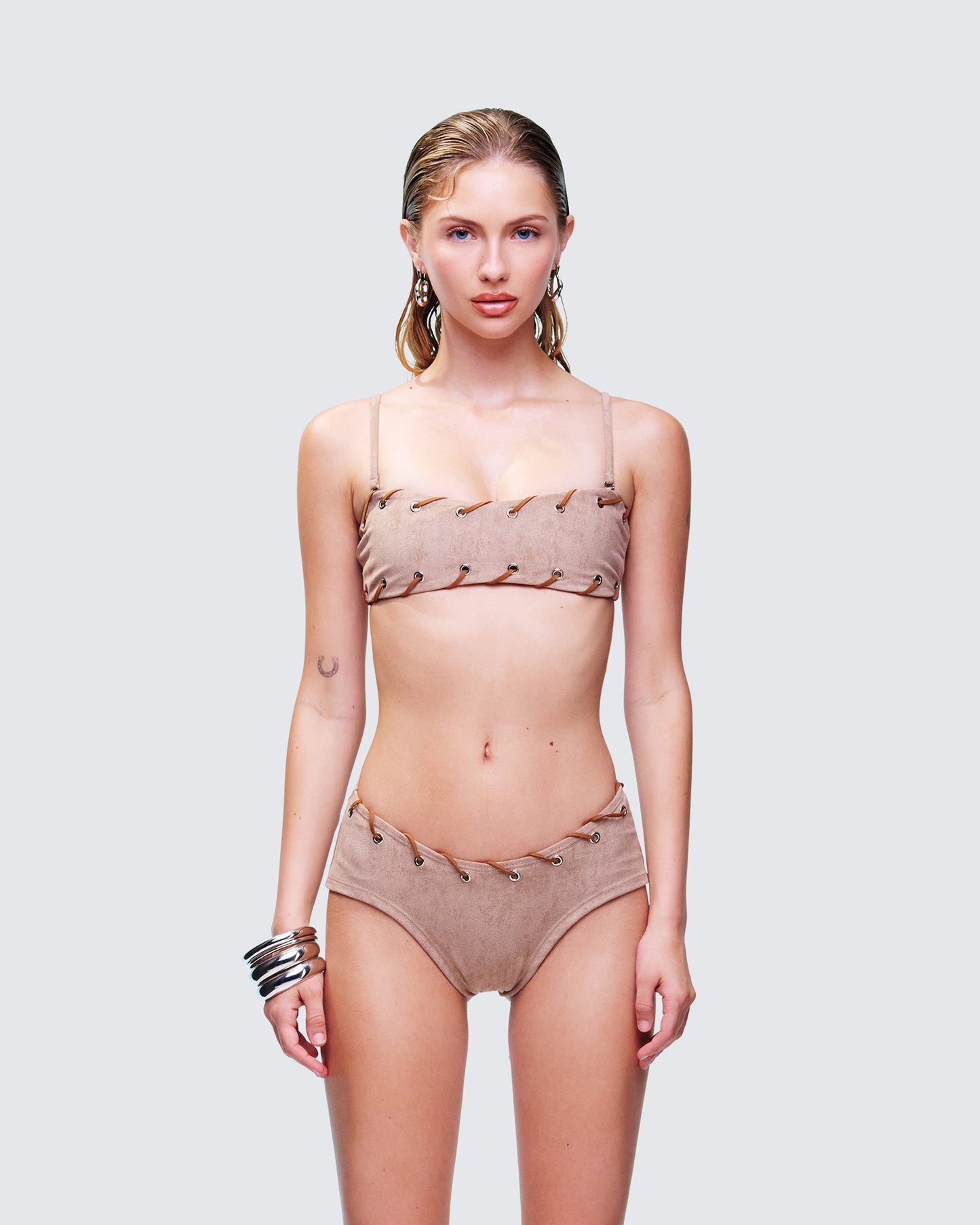 Dusk Tan Laced Bikini Top model front