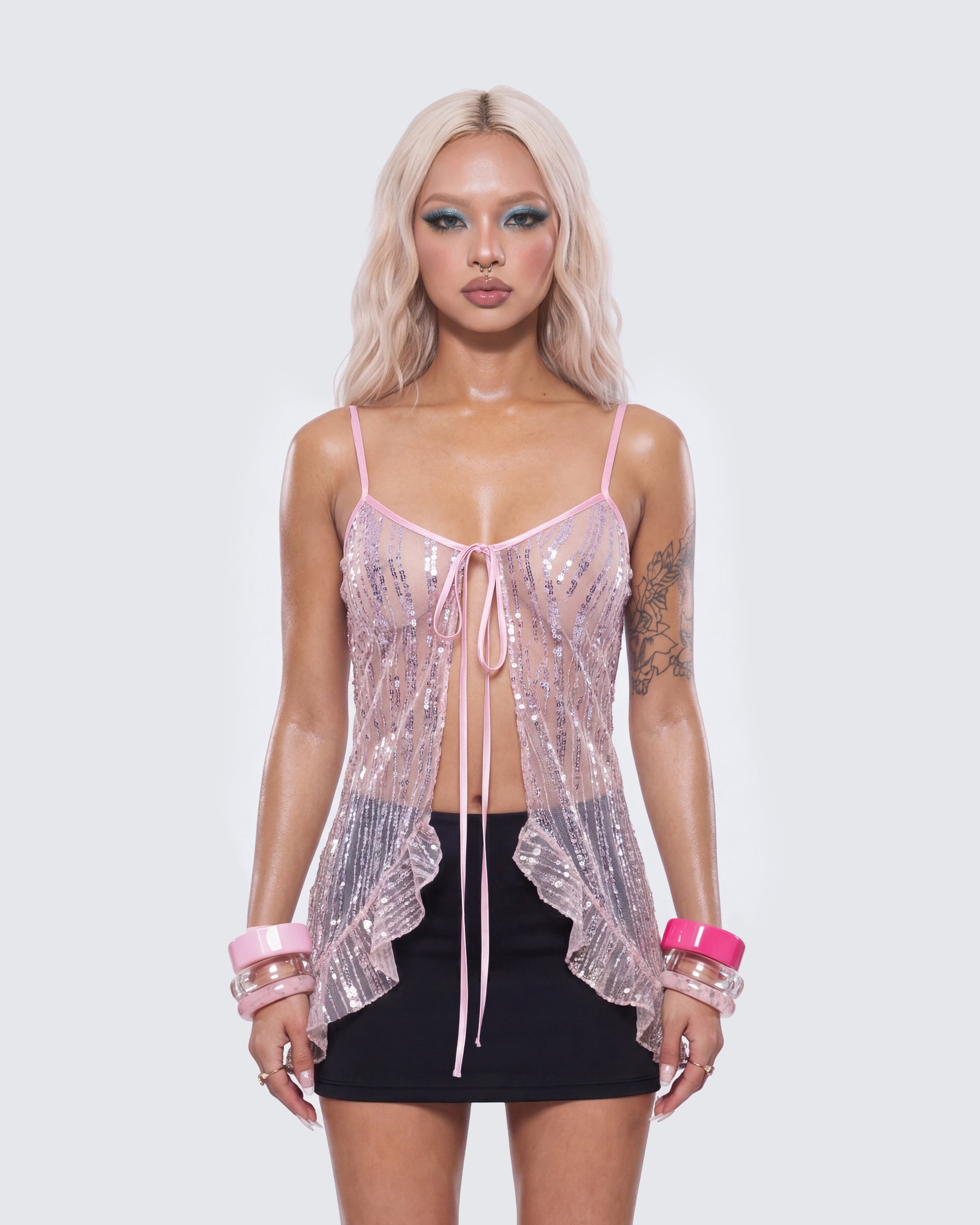 Ebba Pink Sequin Sheer Cami Top model front