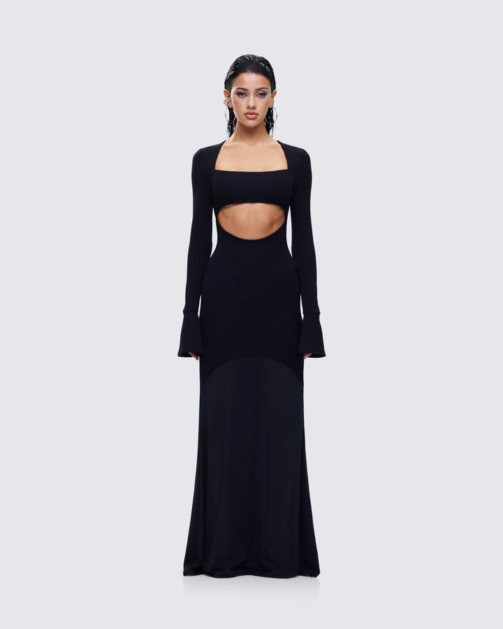 Black Cut Out Maxi Dress with Gloves - Bodycon Gala FINESSE Black Cut Out Maxi Dress with Gloves - Bodycon Gala FINESSE