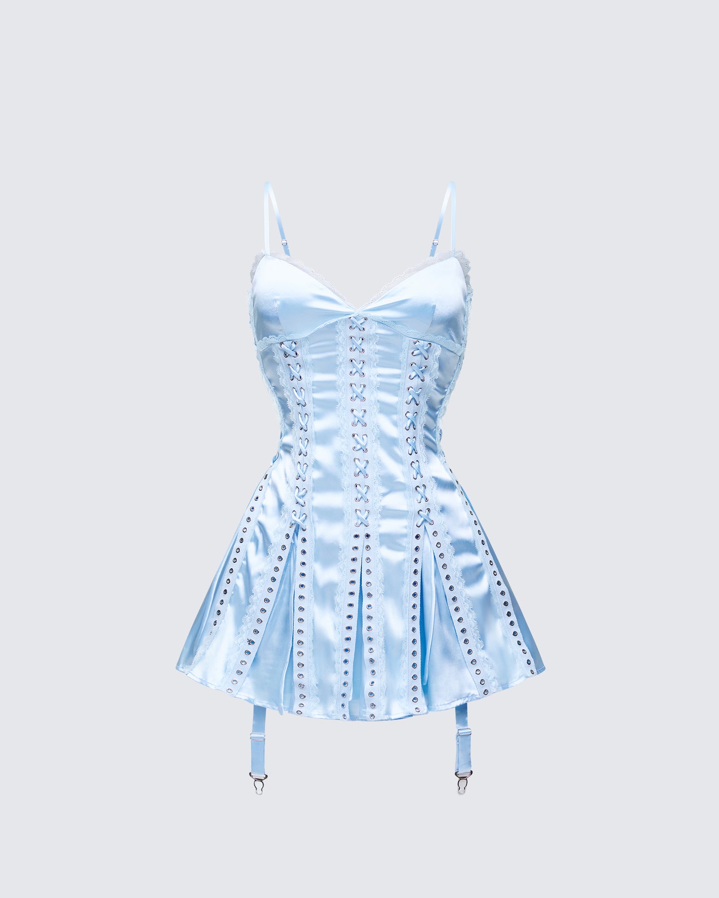 Blue Satin Corset Mini Dress - Lace Up Grommet Detail FINESSE Blue Satin Corset Mini Dress - Lace Up Grommet Detail FINESSE