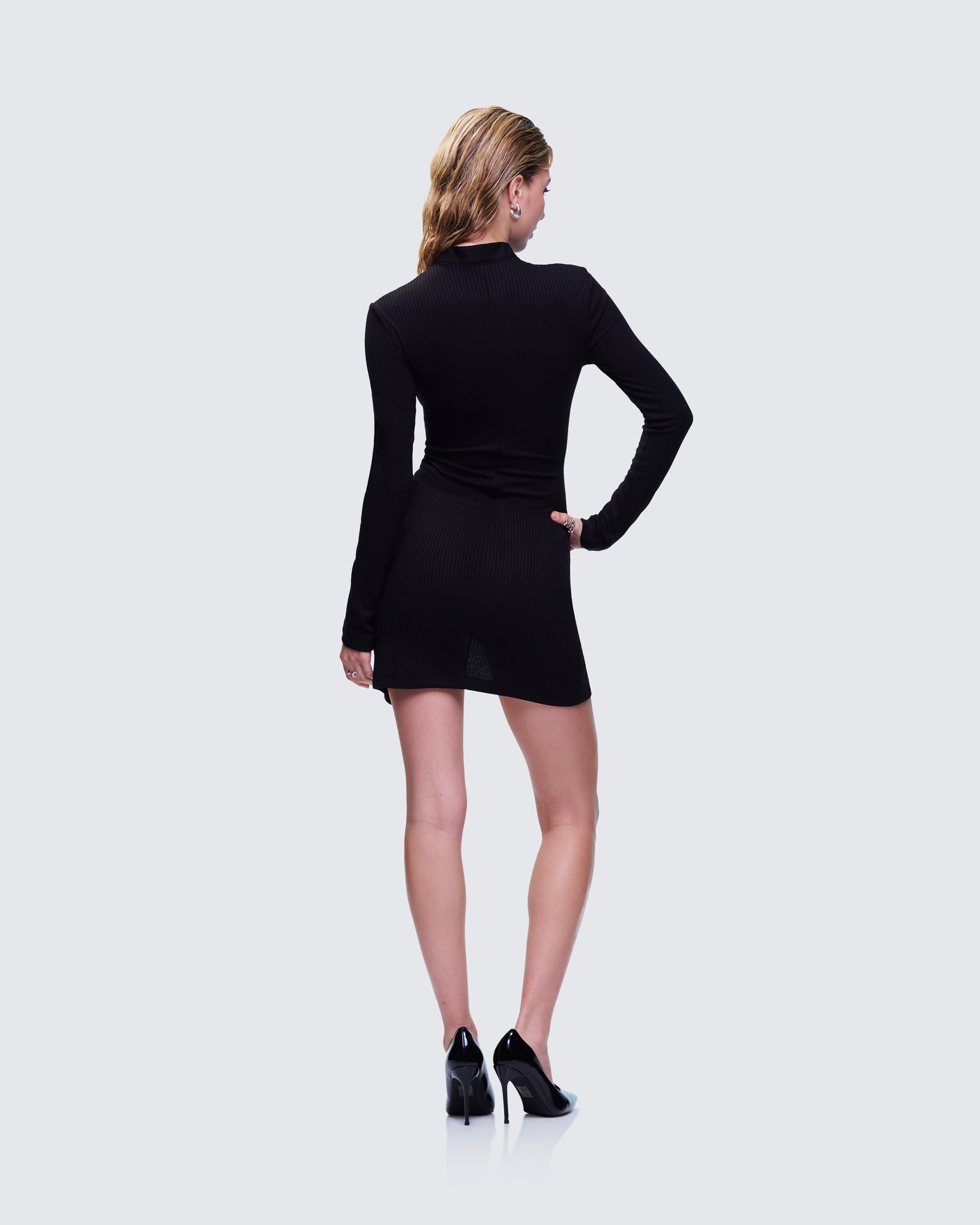 Black Ribbed Mini Dress - Long Sleeve Hook Front FINESSE Black Ribbed Mini Dress - Long Sleeve Hook Front FINESSE