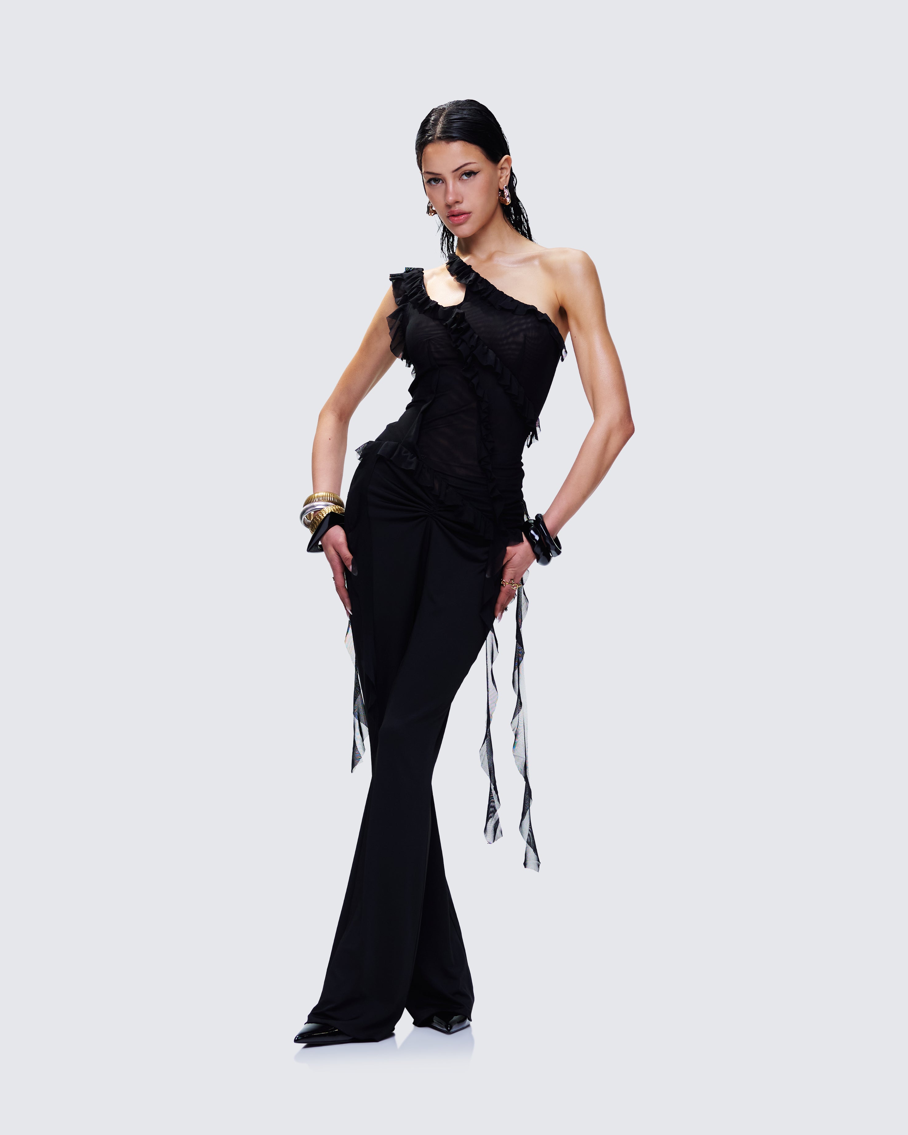 Black Mesh Ruffle Crop Top - One Shoulder Asymmetric – FINESSE