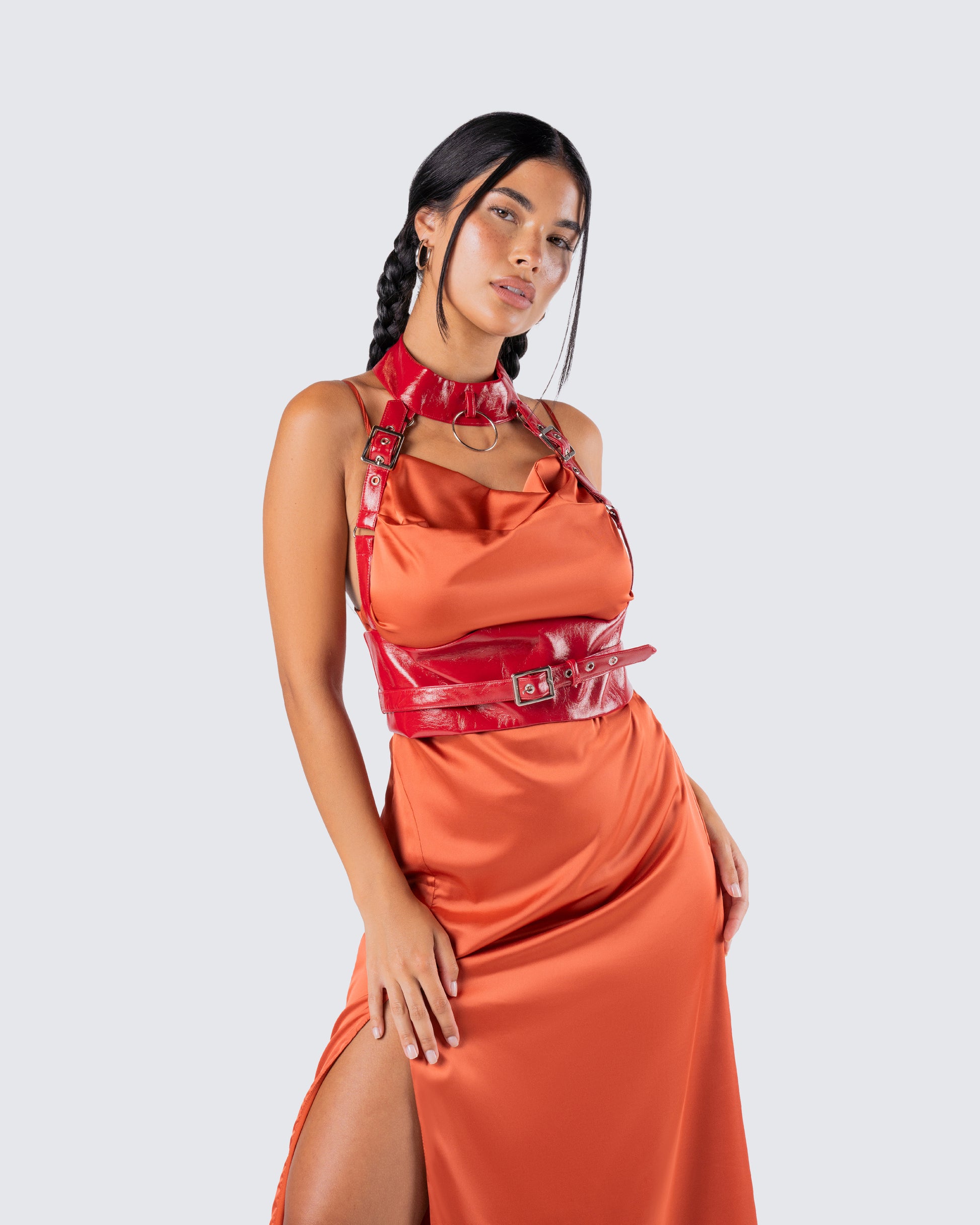 Orange Satin Corset Dress Set - Two Piece Halter Maxi FINESSE Orange Satin Corset Dress Set - Two Piece Halter Maxi FINESSE