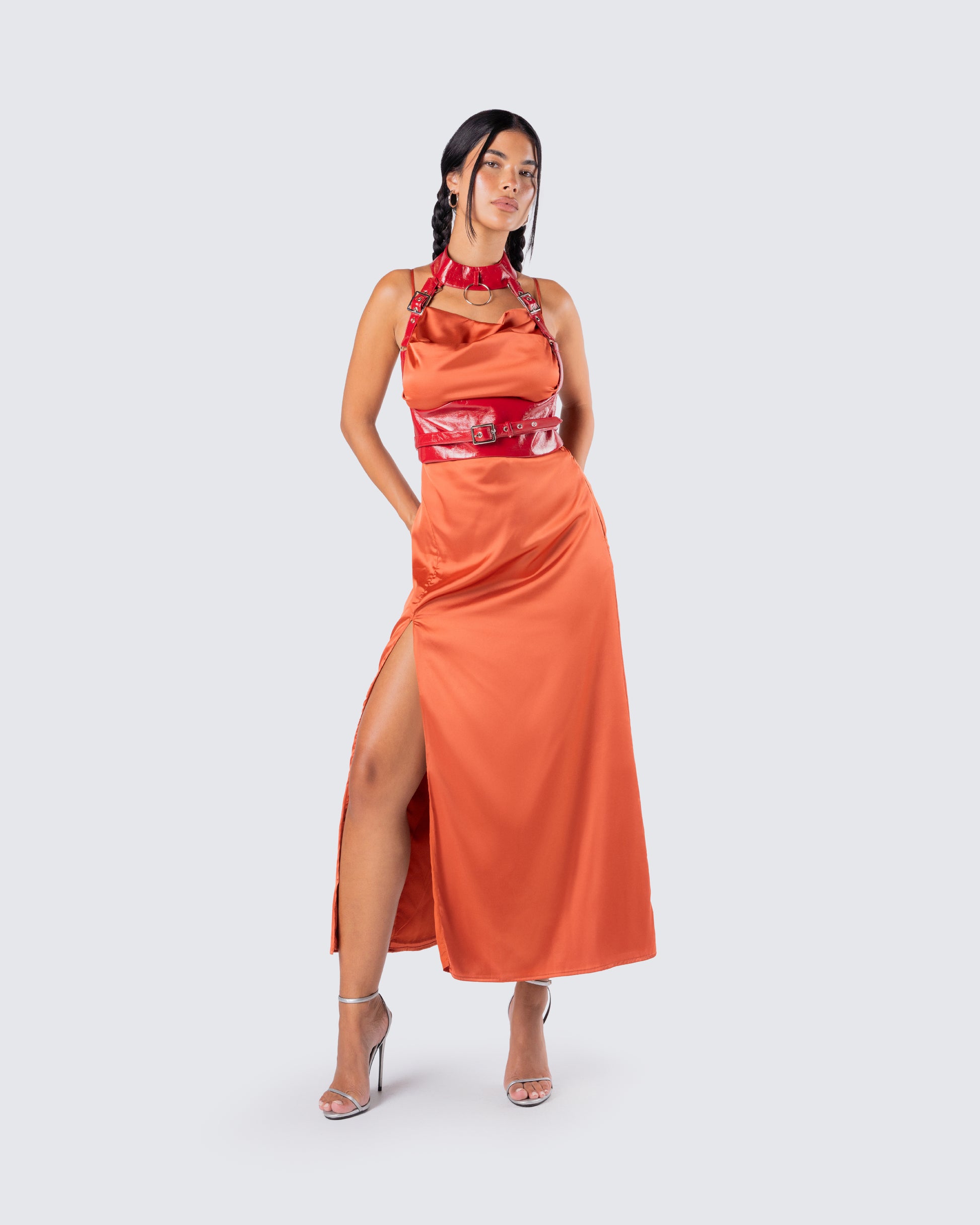 Orange Satin Corset Dress Set - Two Piece Halter Maxi FINESSE Orange Satin Corset Dress Set - Two Piece Halter Maxi FINESSE