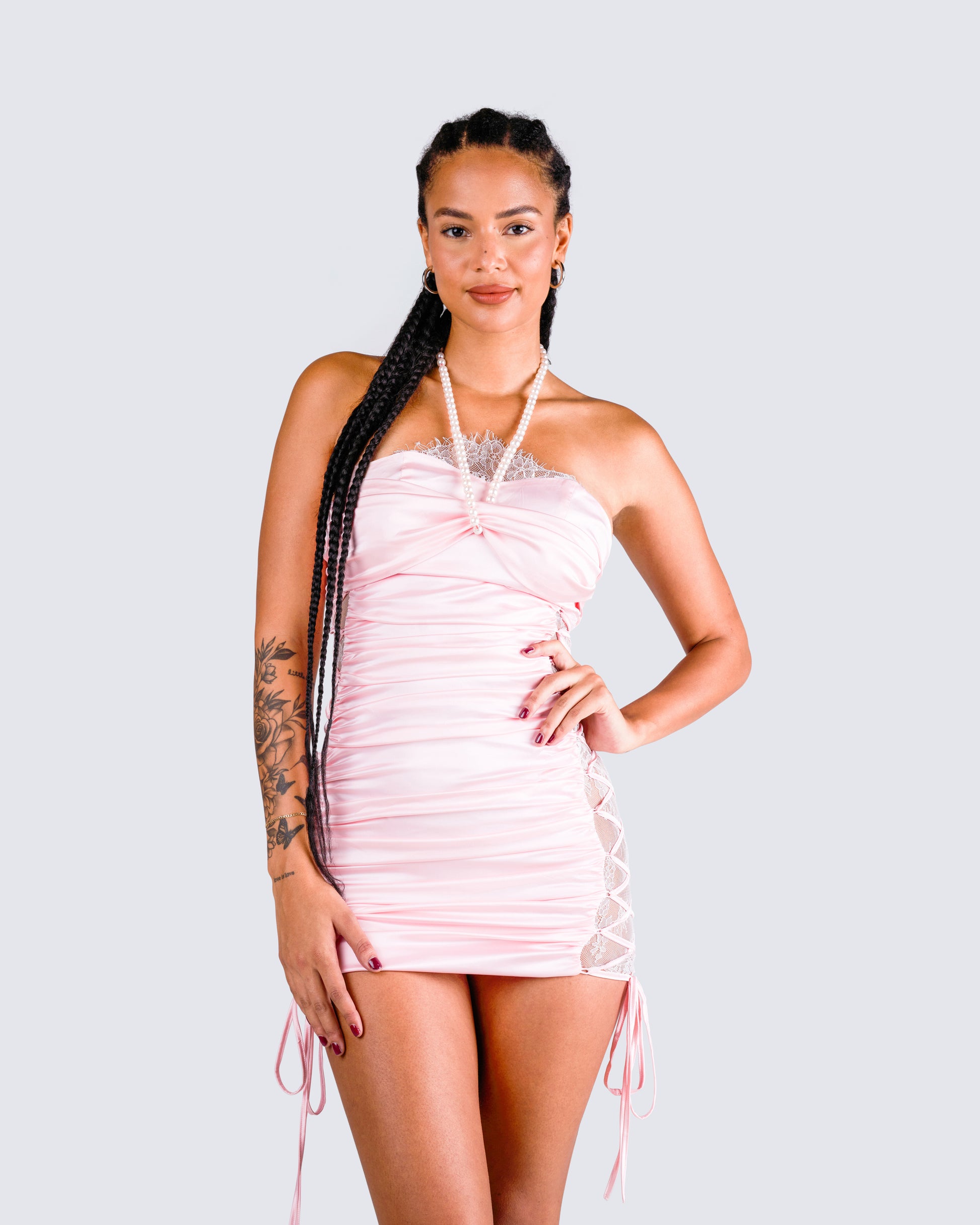Elara Pink Satin Laced Mini Dress – FINESSE