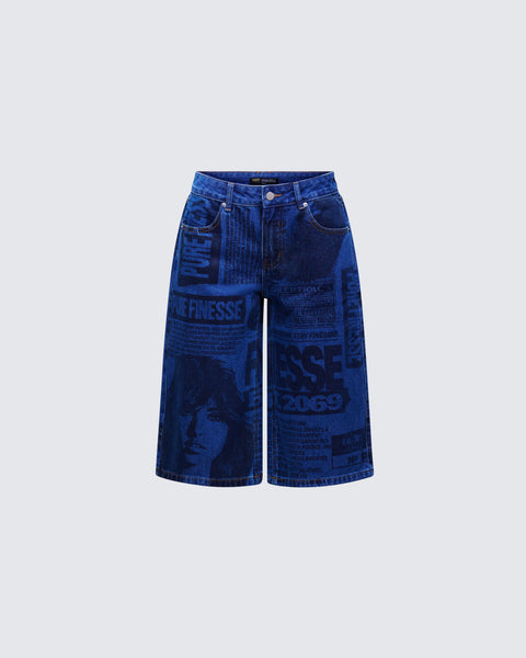 Blue Denim Jorts - Printed Wide Leg Knee Length – FINESSE