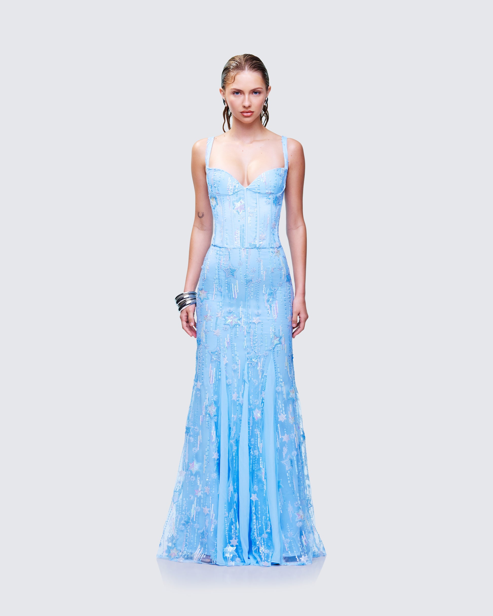 Emani Blue Embellished Maxi Dress model front