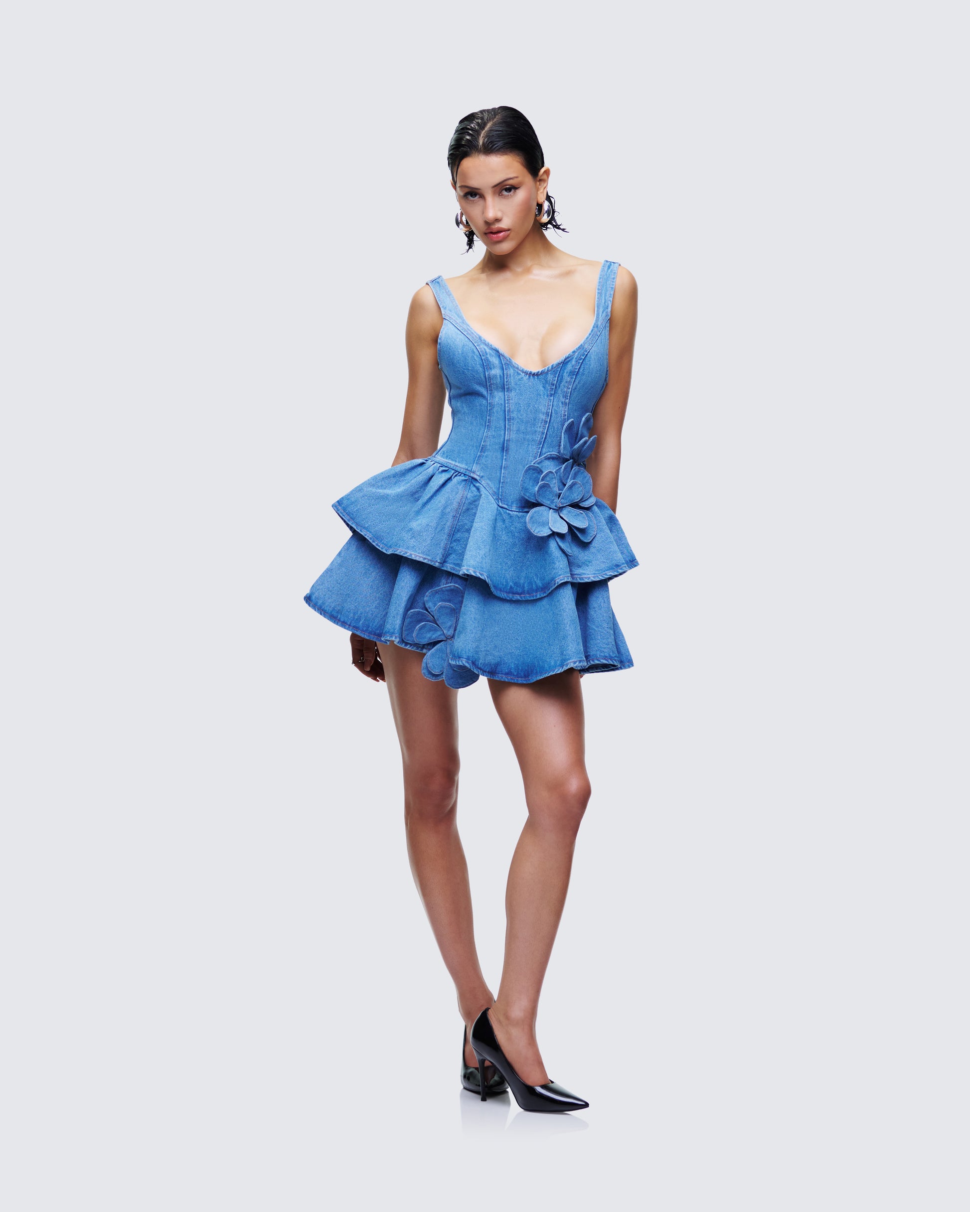 Blue Denim Mini Dress - Tiered Ruffle Corset Floral FINESSE Blue Denim Mini Dress - Tiered Ruffle Corset Floral FINESSE