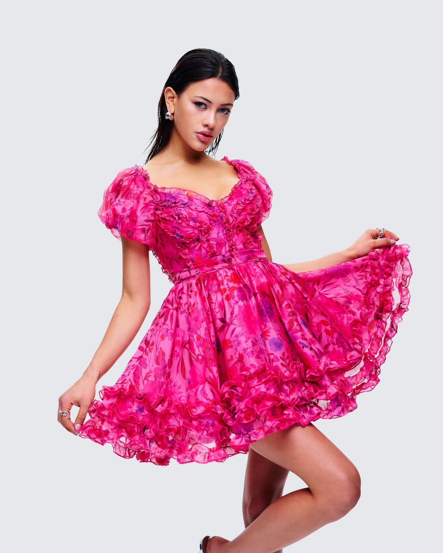 Eni Pink Floral Organza Mini Dress