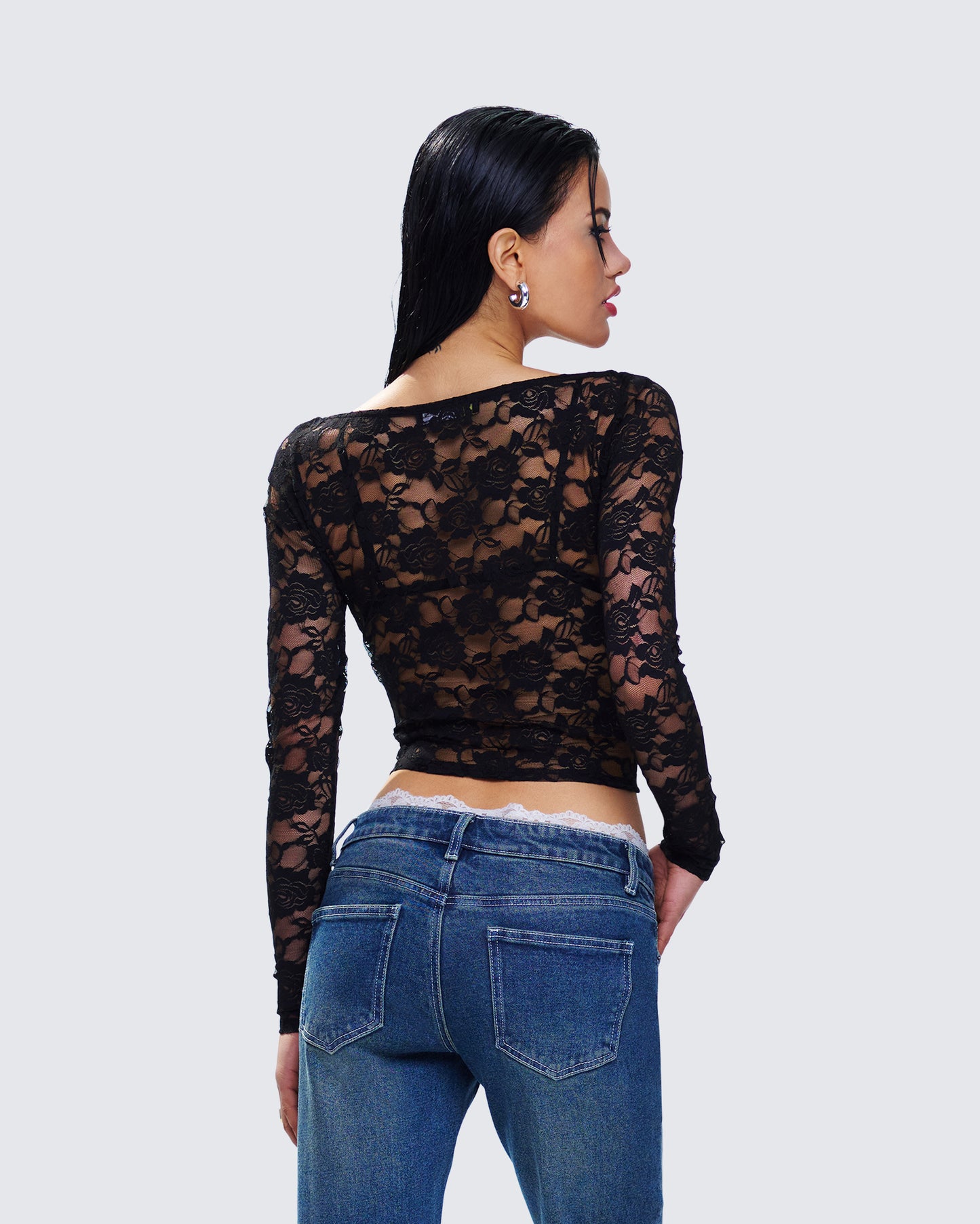 Esmarie Black Lace Sheer Long Sleeve Top