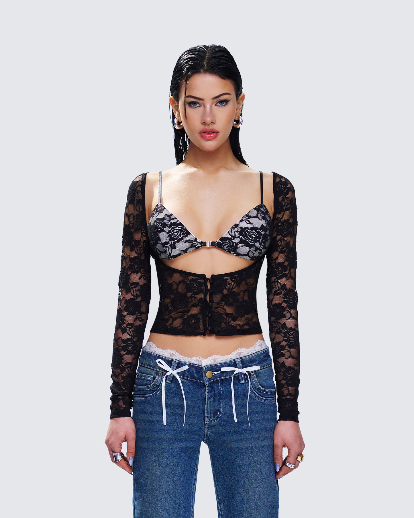 Esmarie Black Lace Sheer Long Sleeve Top