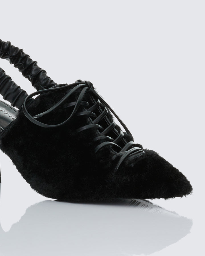 Esme Black Fur Lace Up Corset Mule