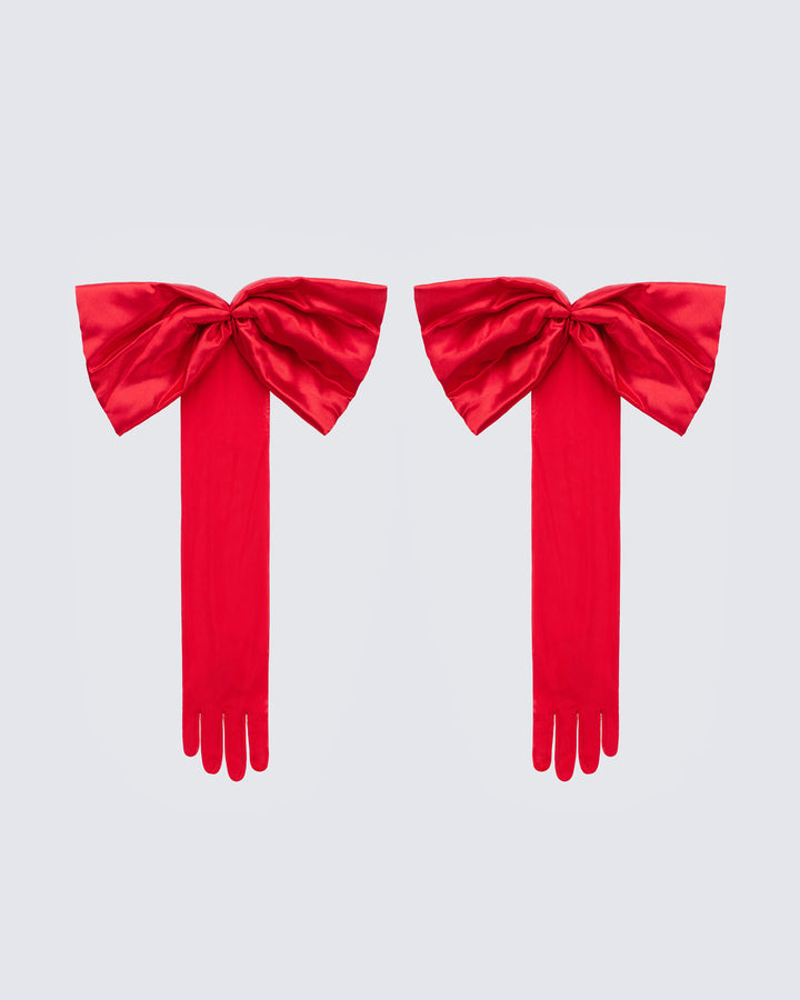 Ethel Red Satin Opera Glove With Oversized Bow product front