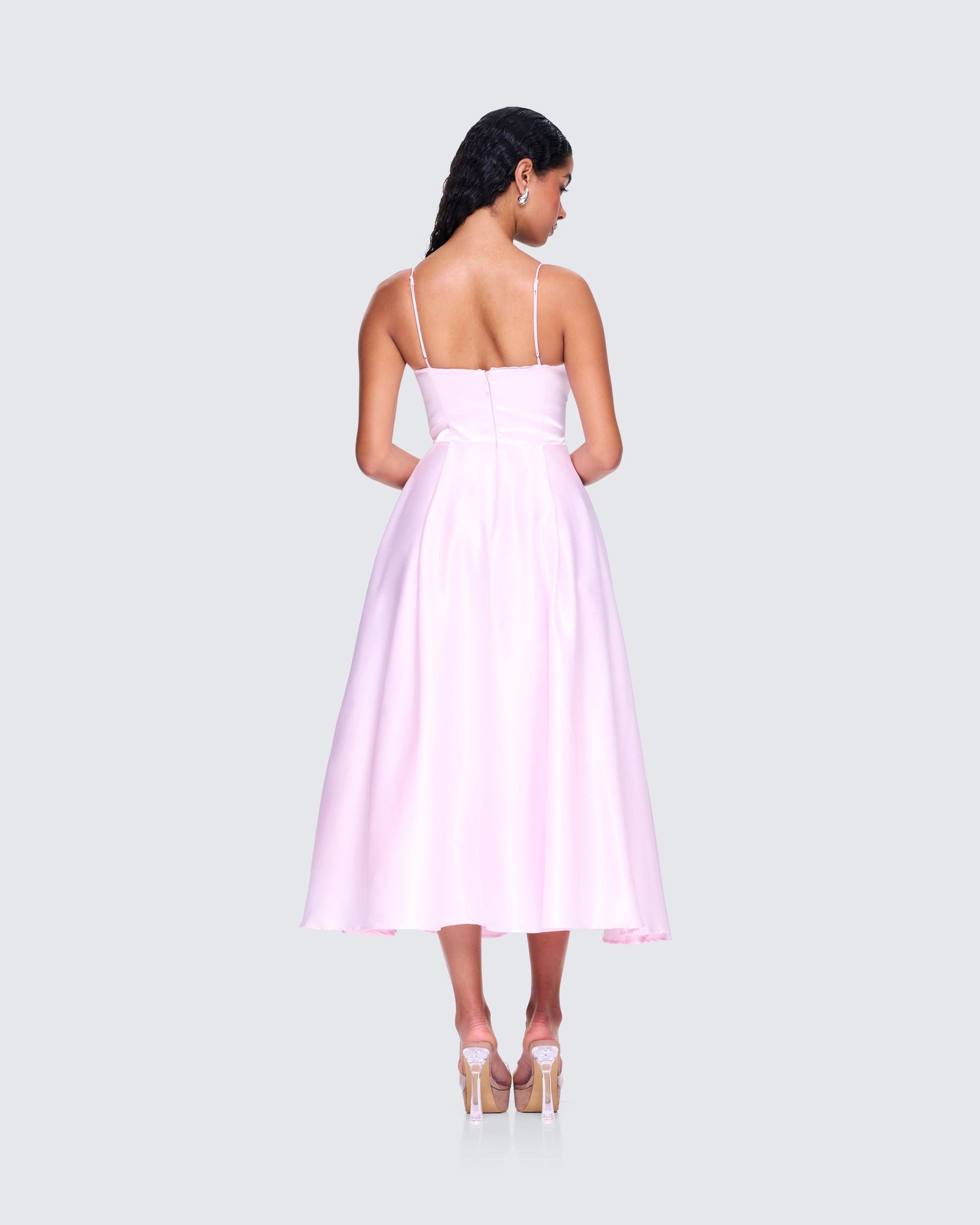 Pink Satin Midi Dress - Sweetheart Bustier A-Line FINESSE Pink Satin Midi Dress - Sweetheart Bustier A-Line FINESSE