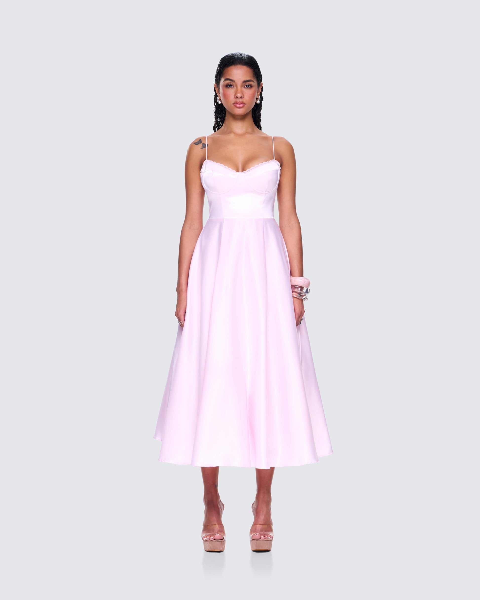 Pink Satin Midi Dress - Sweetheart Bustier A-Line FINESSE Pink Satin Midi Dress - Sweetheart Bustier A-Line FINESSE