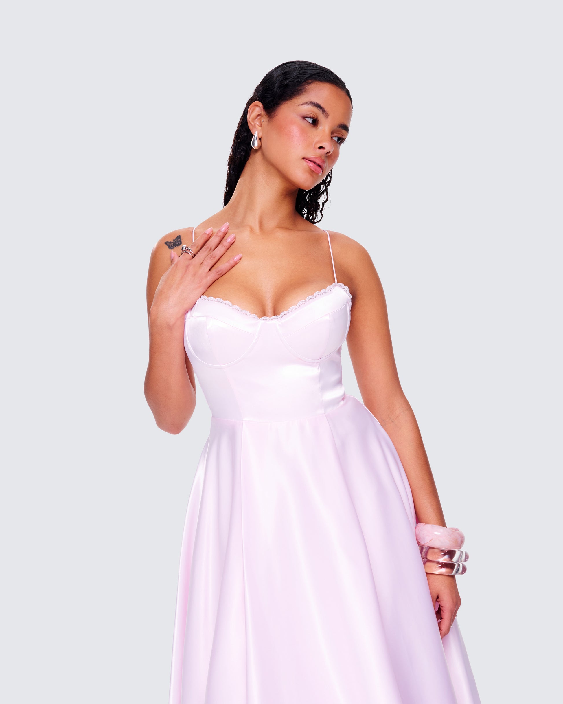 Pink Satin Midi Dress - Sweetheart Bustier A-Line FINESSE Pink Satin Midi Dress - Sweetheart Bustier A-Line FINESSE