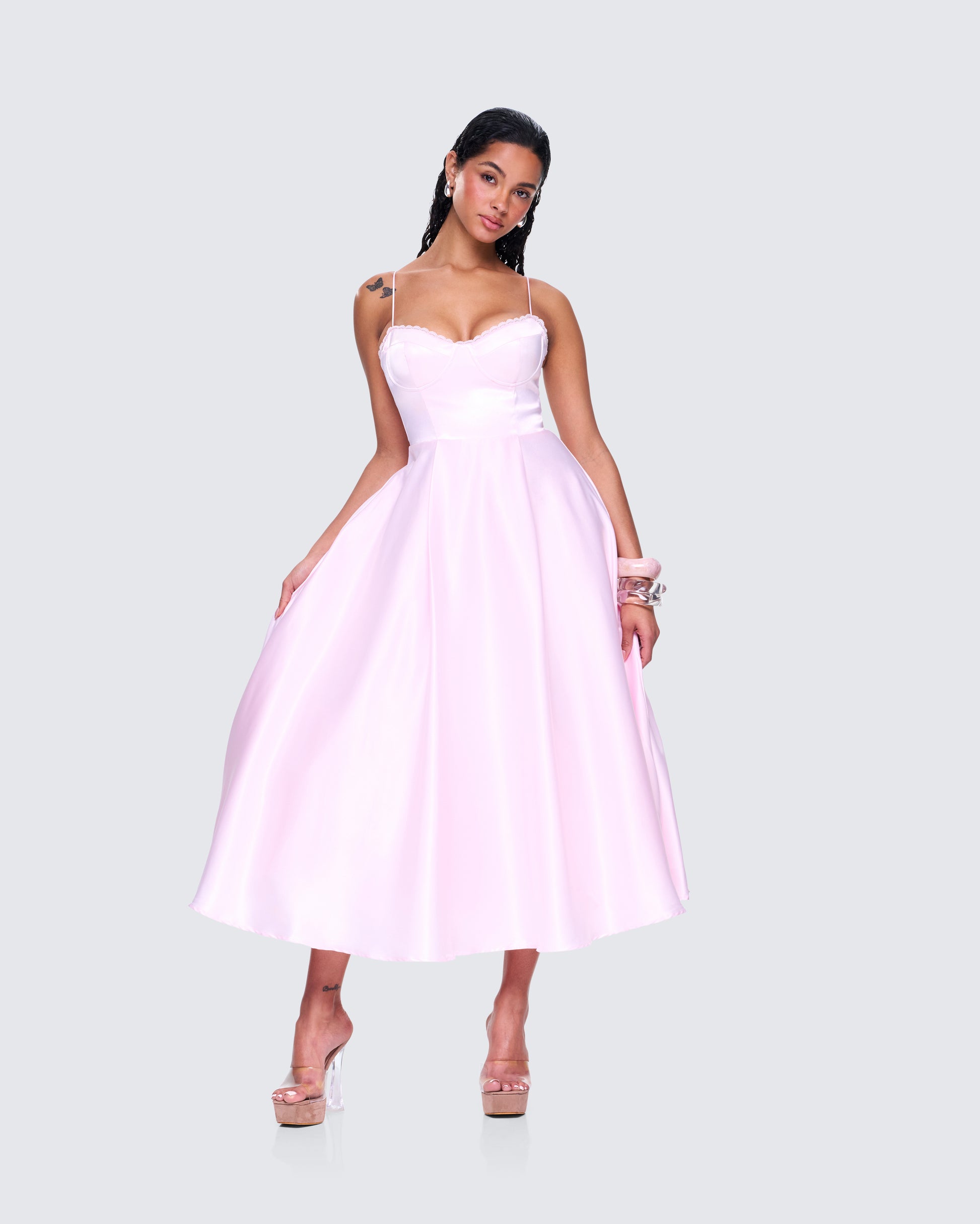 Pink Satin Midi Dress - Sweetheart Bustier A-Line FINESSE Pink Satin Midi Dress - Sweetheart Bustier A-Line FINESSE