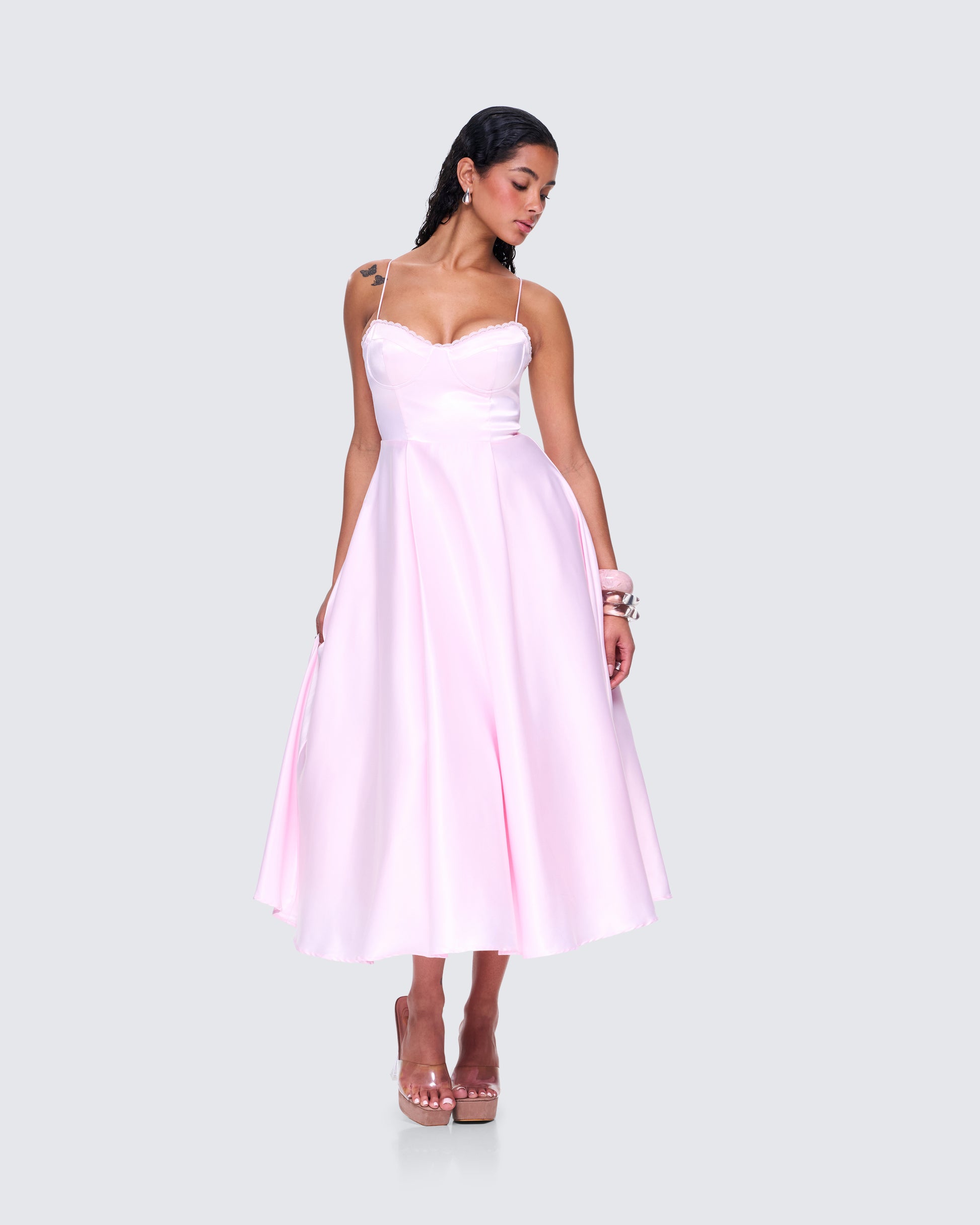 Pink Satin Midi Dress - Sweetheart Bustier A-Line FINESSE Pink Satin Midi Dress - Sweetheart Bustier A-Line FINESSE