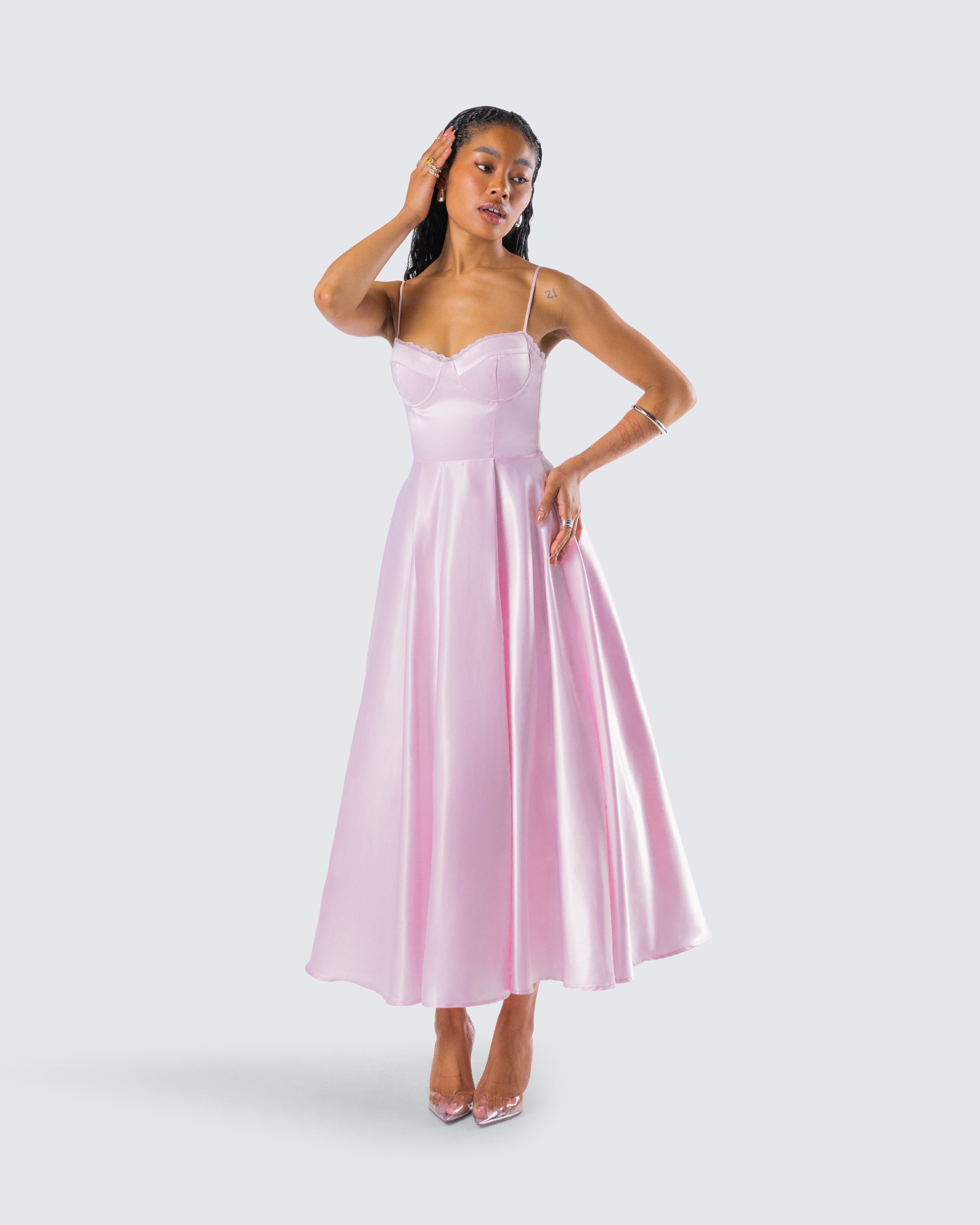 Eulla Pink Satin Midi Dress – FINESSE