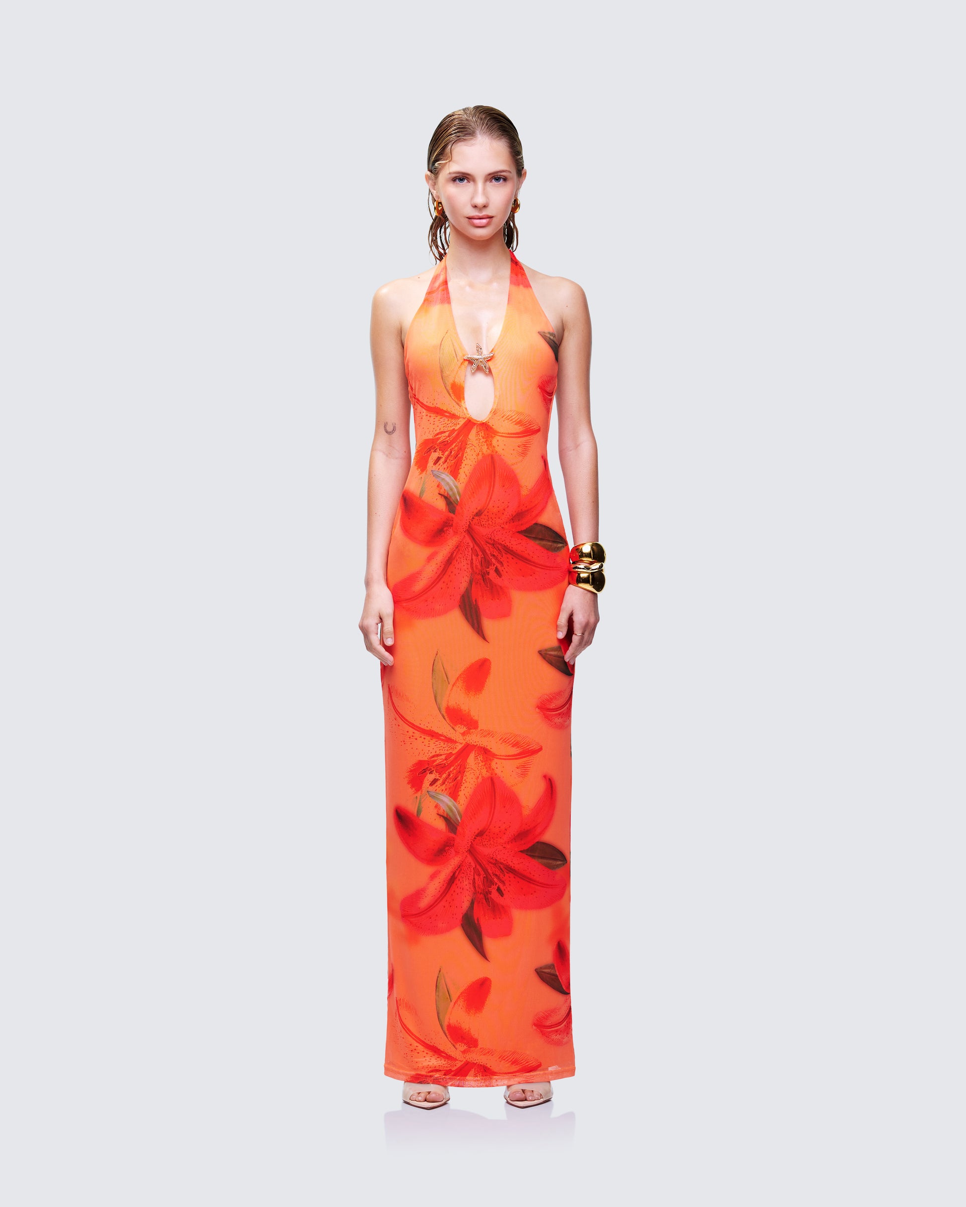 orange floral halter dress Orange Floral Halter Front Slit Maxi Dress