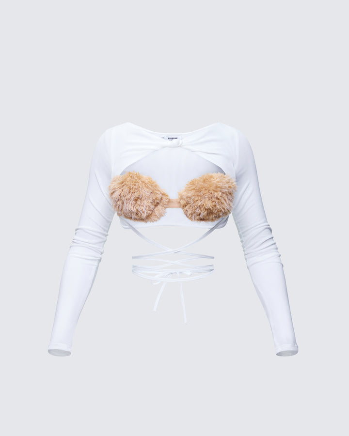 Eyra White Mesh Faux Fur Bust Wrap Top