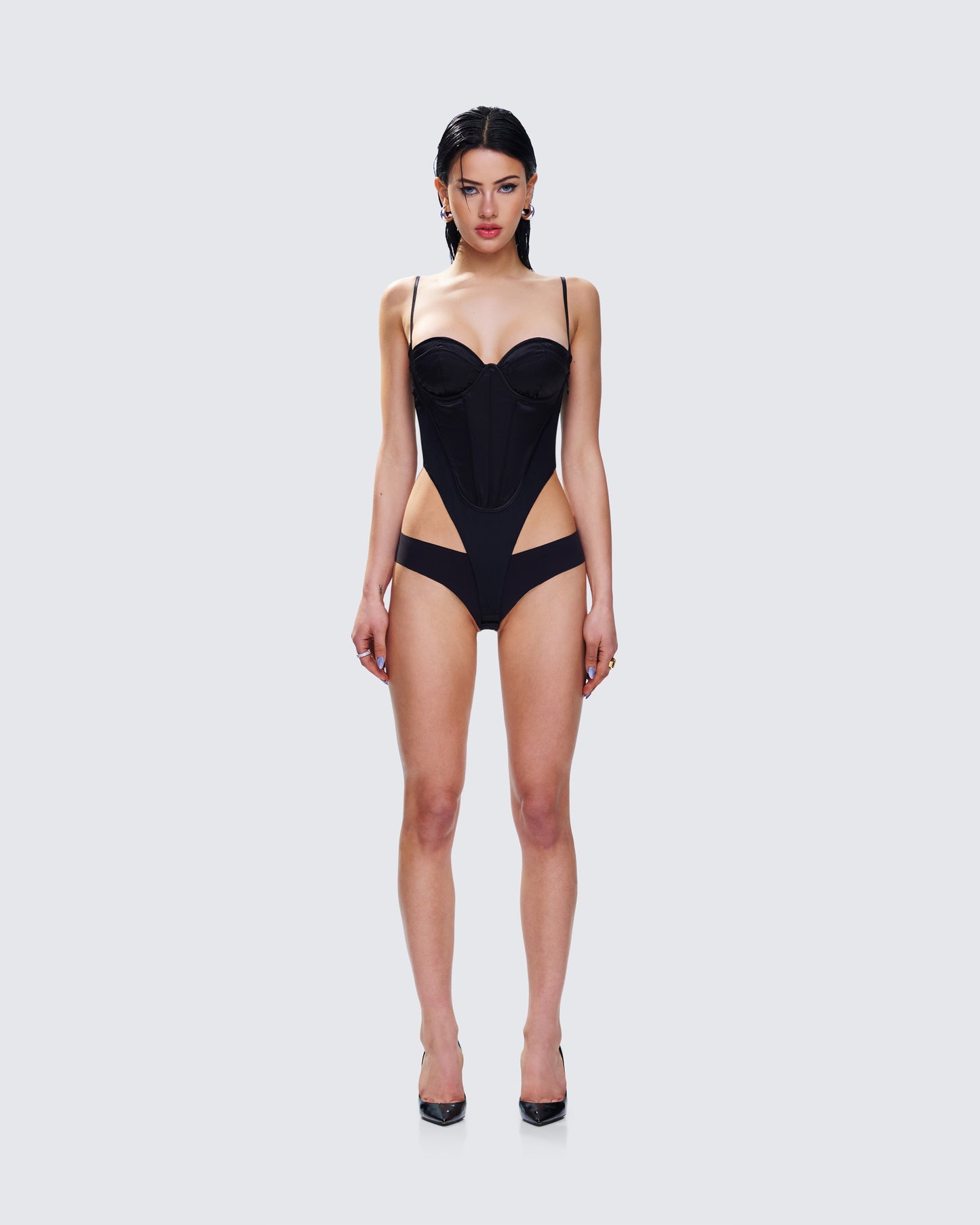 Fara Black Satin Corseted Bodysuit