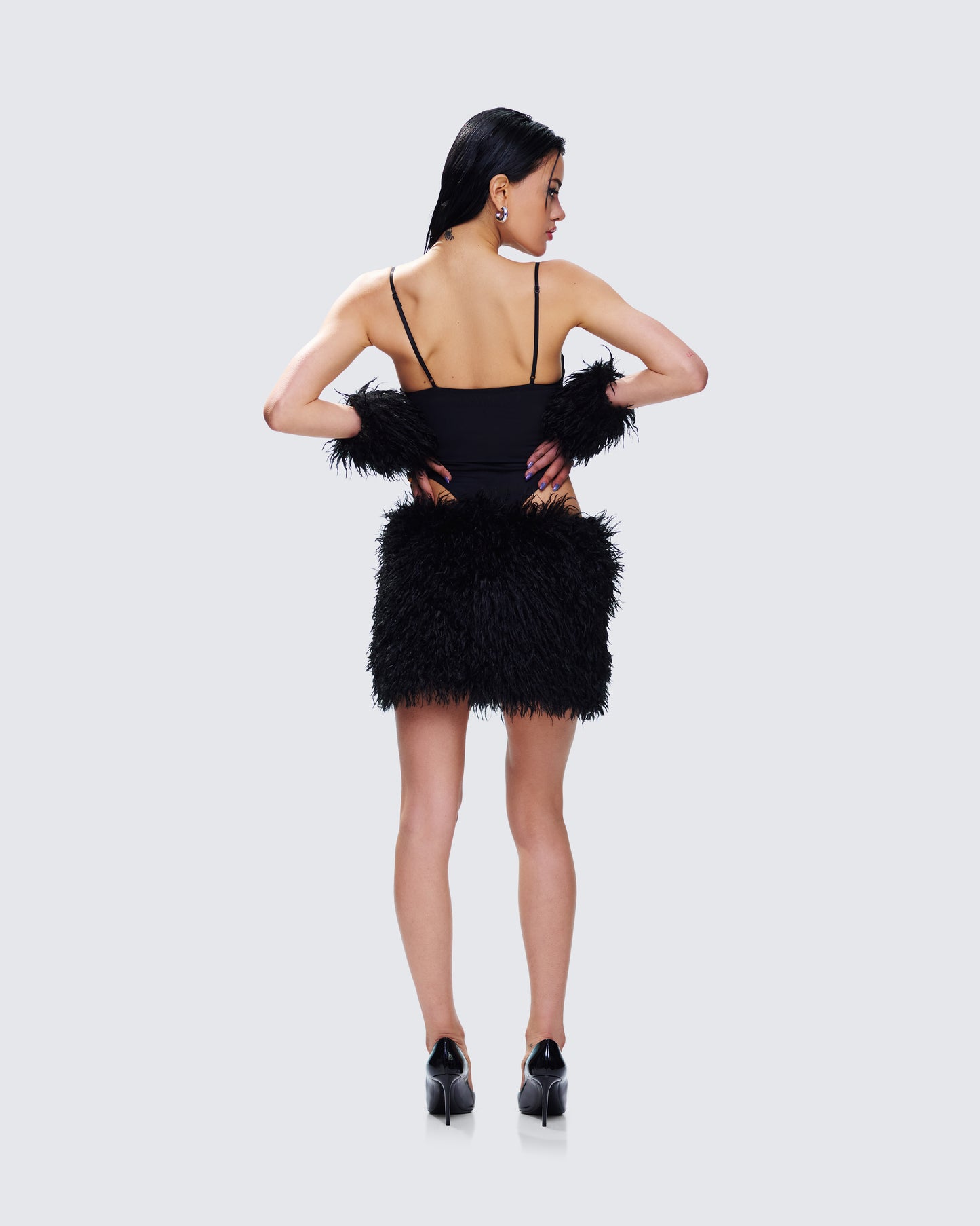 Fara Black Satin Faux Fur Set