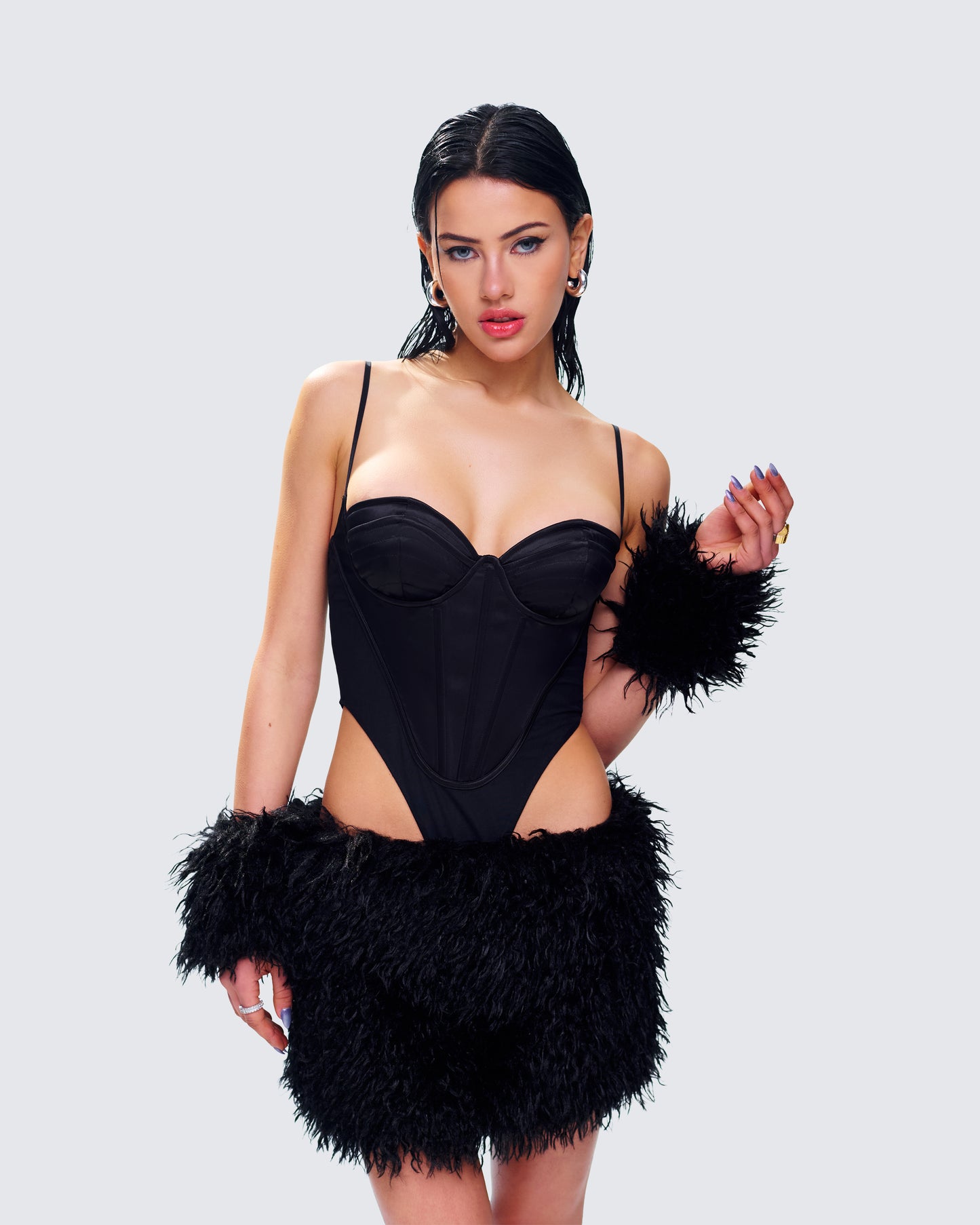 Fara Black Satin Faux Fur Set