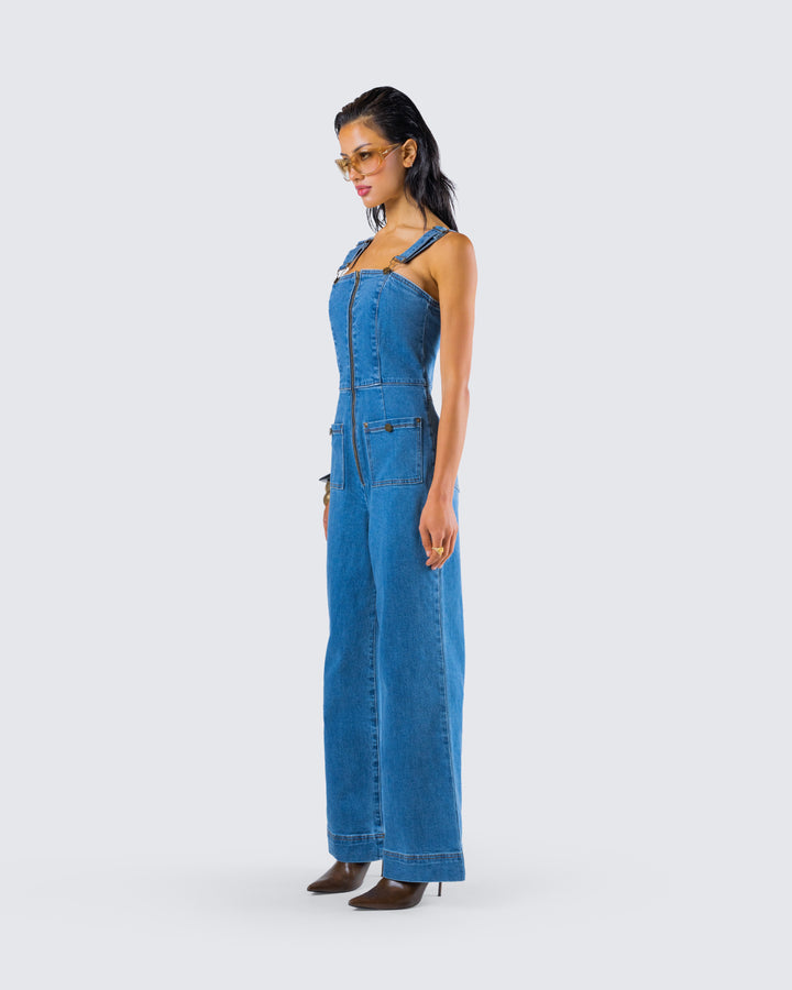 Women's blue cotton jumpsuits & rompers alternate angle – FINESSE