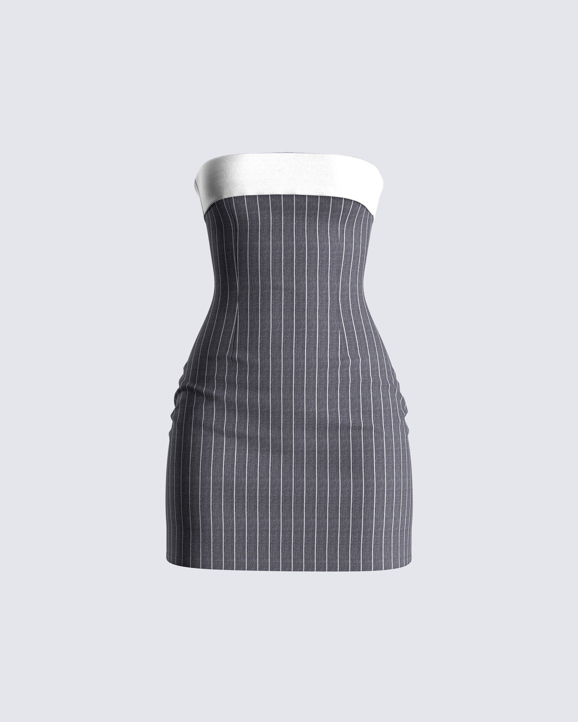 Grey Pinstripe Mini Dress - Strapless Bodycon with Pockets FINESSE Grey Pinstripe Mini Dress - Strapless Bodycon with Pockets FINESSE