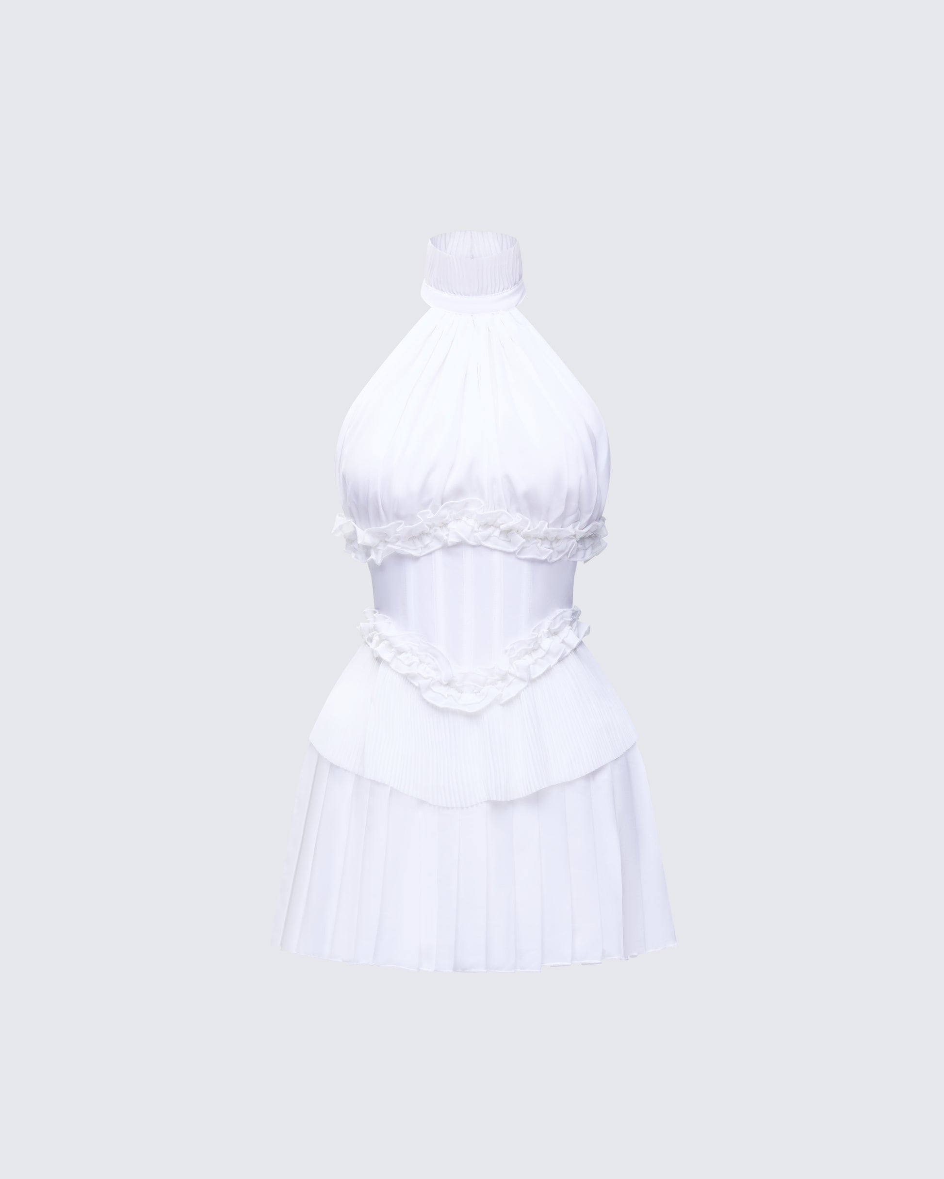 White Halter Mini Dress - Cutout Waist Pleated FINESSE White Halter Mini Dress - Cutout Waist Pleated FINESSE