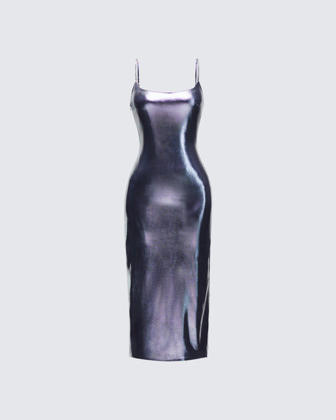 Silver Metallic Midi Dress - Bodycon Spaghetti Strap  FINESSE