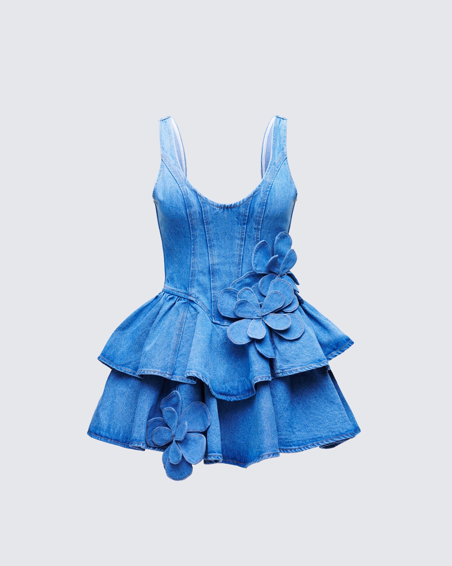 Emelina Blue Denim Flower Frill Mini Dress product front