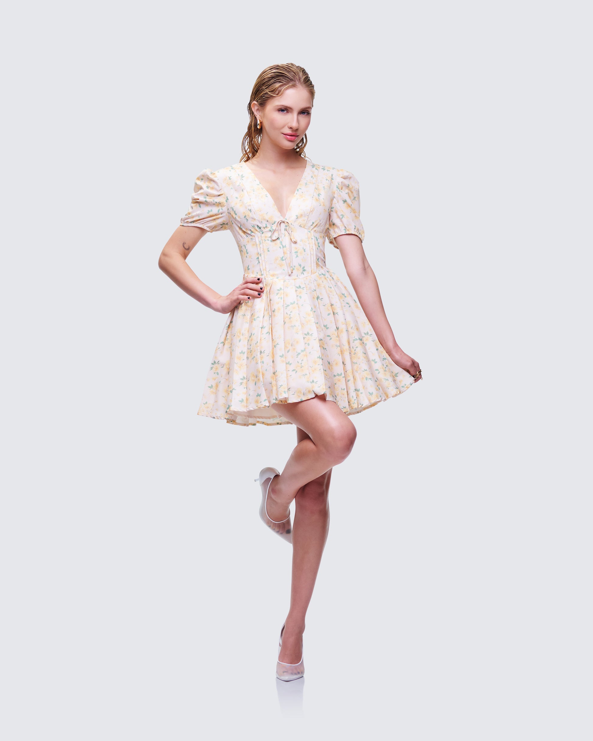 yellow mini corset dress Yellow Jacquard Bubble Mini Dress Strapless Corset Homecoming Dress JC Viniodress