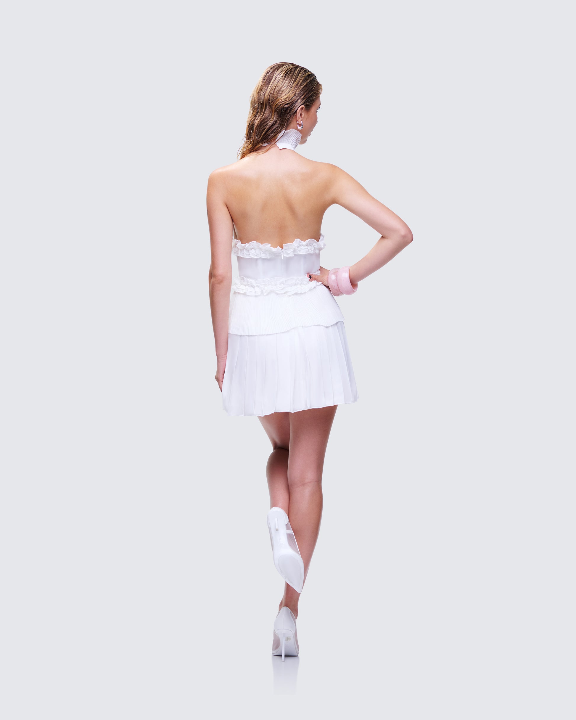White Halter Mini Dress - Cutout Waist Pleated FINESSE White Halter Mini Dress - Cutout Waist Pleated FINESSE