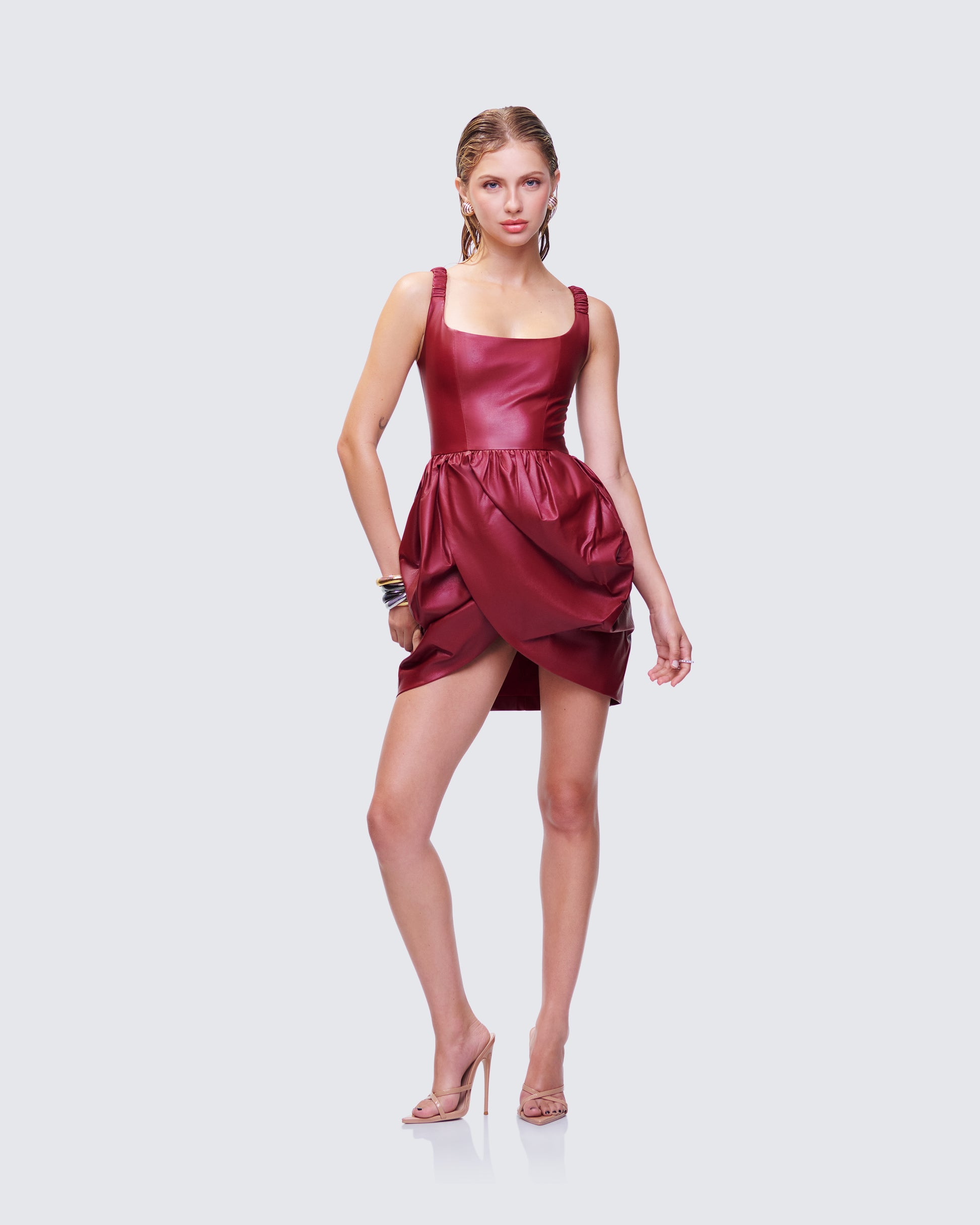 Red Vegan Leather Mini Dress - Bubble Hem Party Dress FINESSE Red Vegan Leather Mini Dress - Bubble Hem Party Dress FINESSE