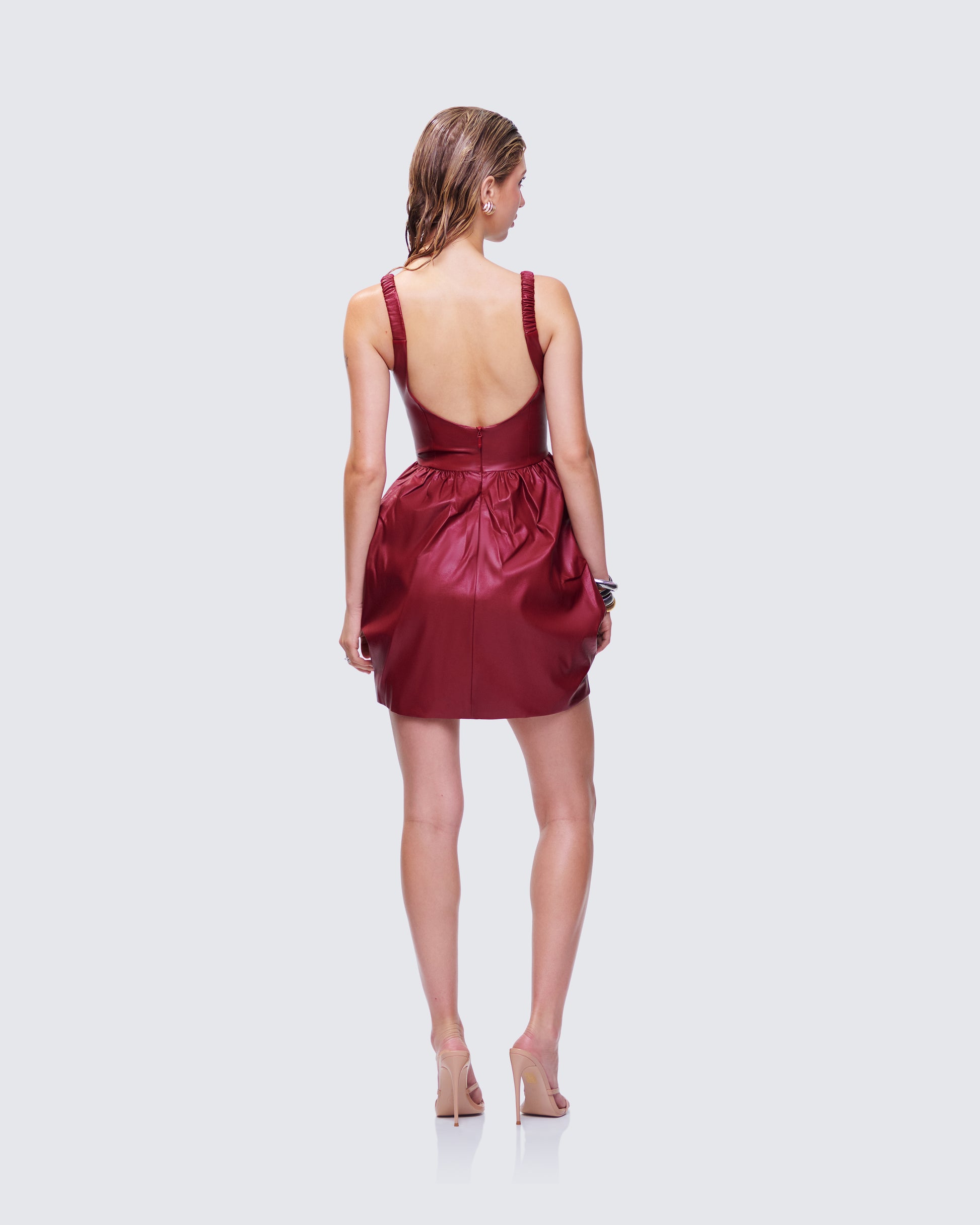Red Vegan Leather Mini Dress - Bubble Hem Party Dress FINESSE Red Vegan Leather Mini Dress - Bubble Hem Party Dress FINESSE