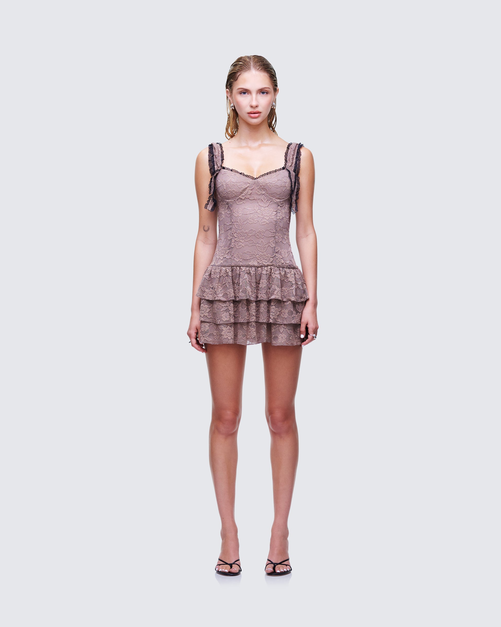Jayella Tan Lace Mini Dress model front