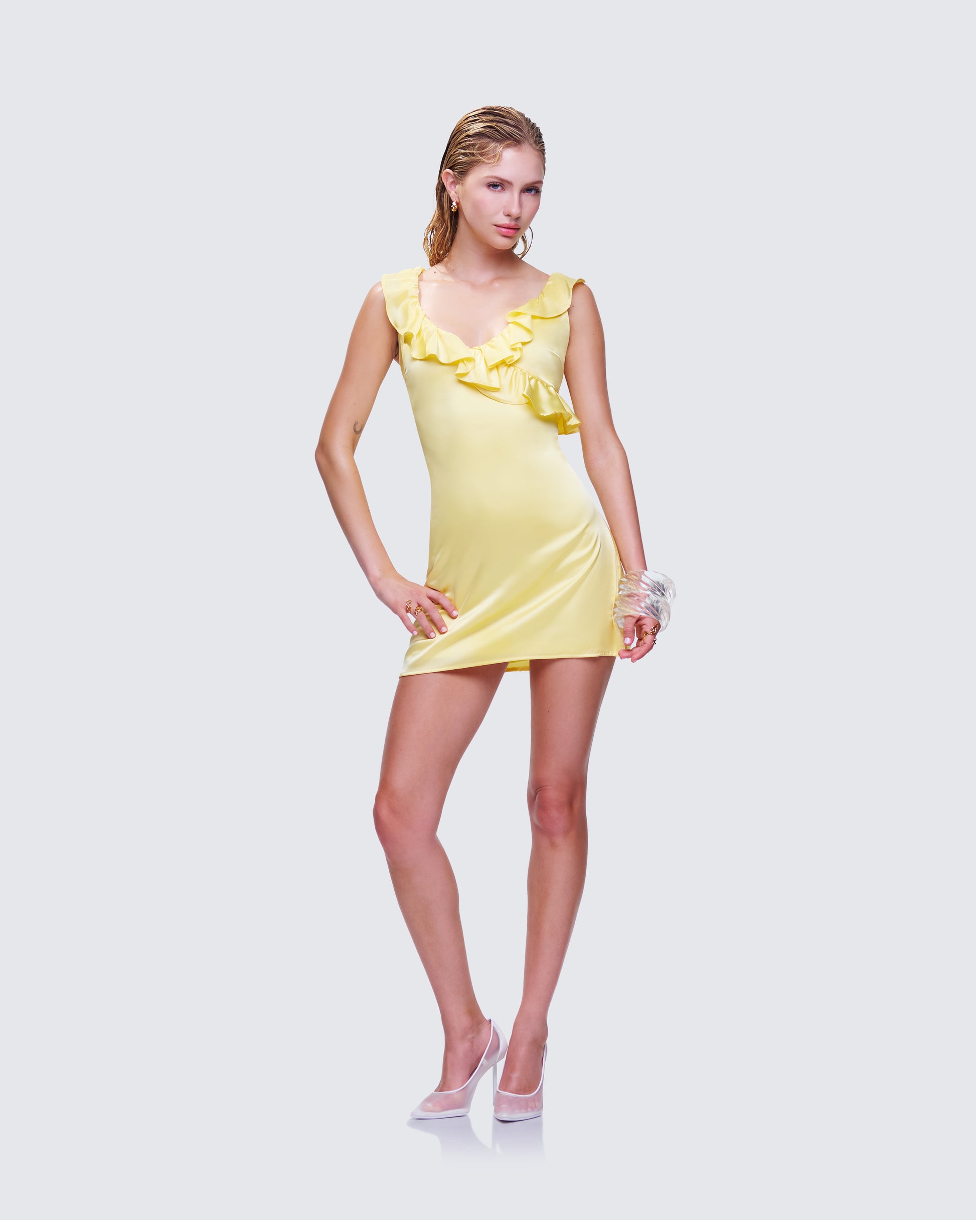 Yellow Mini Dress - Ruffled Asymmetric Summer Slip FINESSE Yellow Mini Dress - Ruffled Asymmetric Summer Slip FINESSE