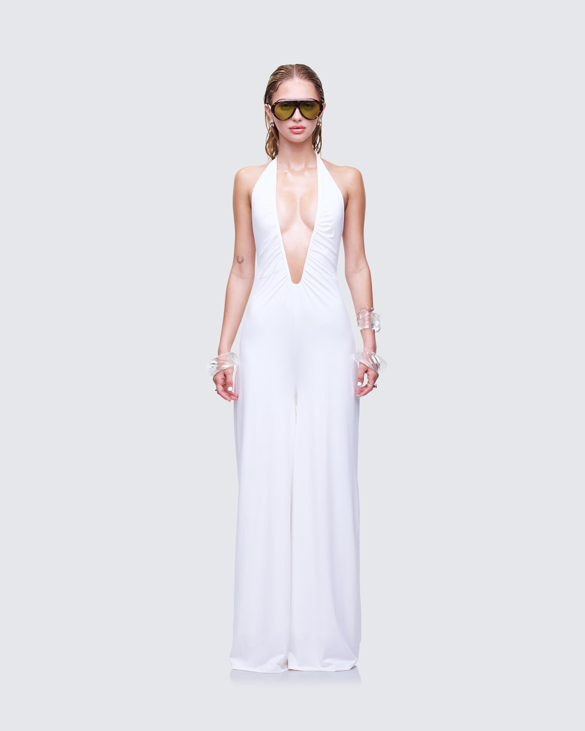 Saoirse White Plunge Neck Jumpsuit model front