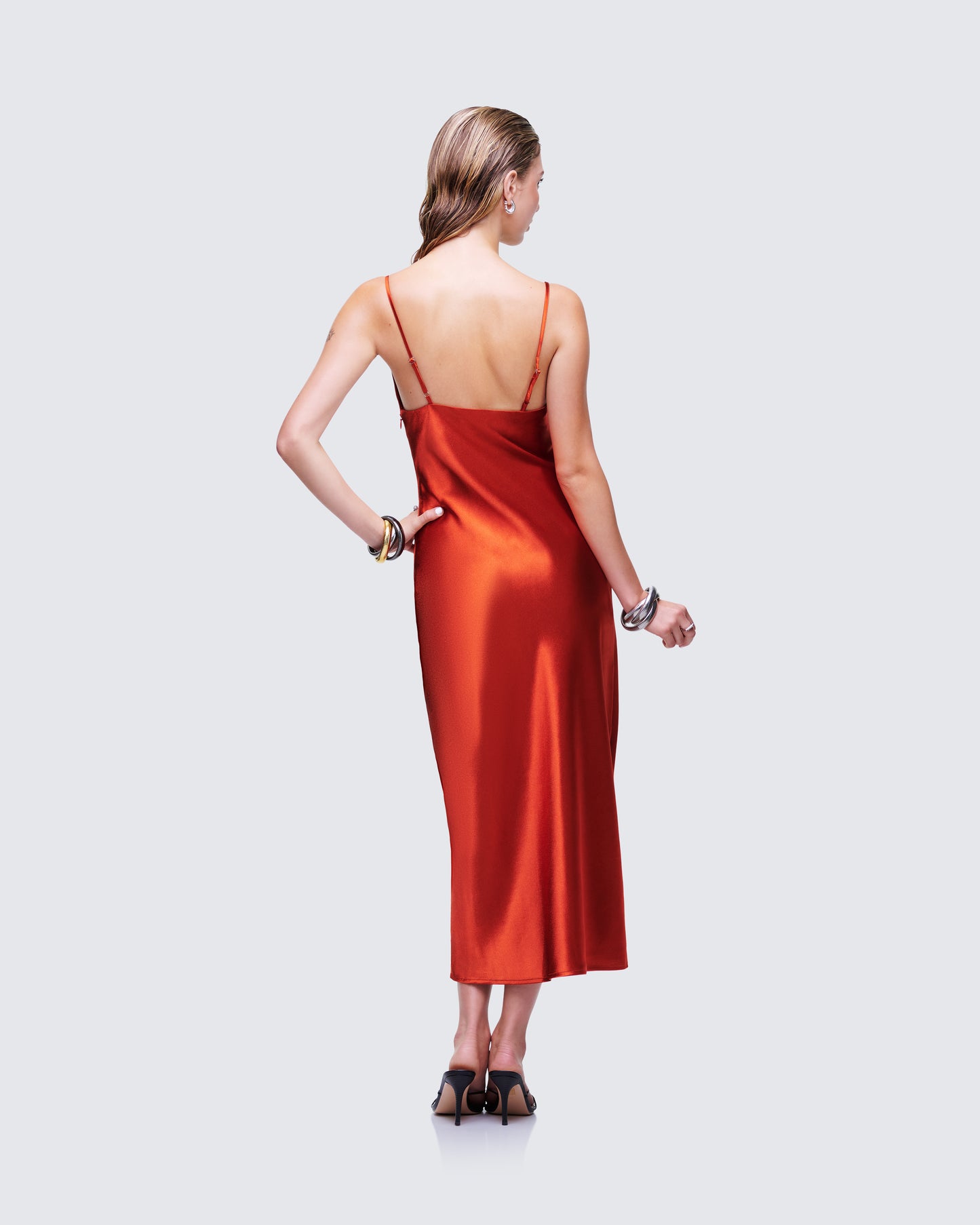 El Orange Satin Midi Dress