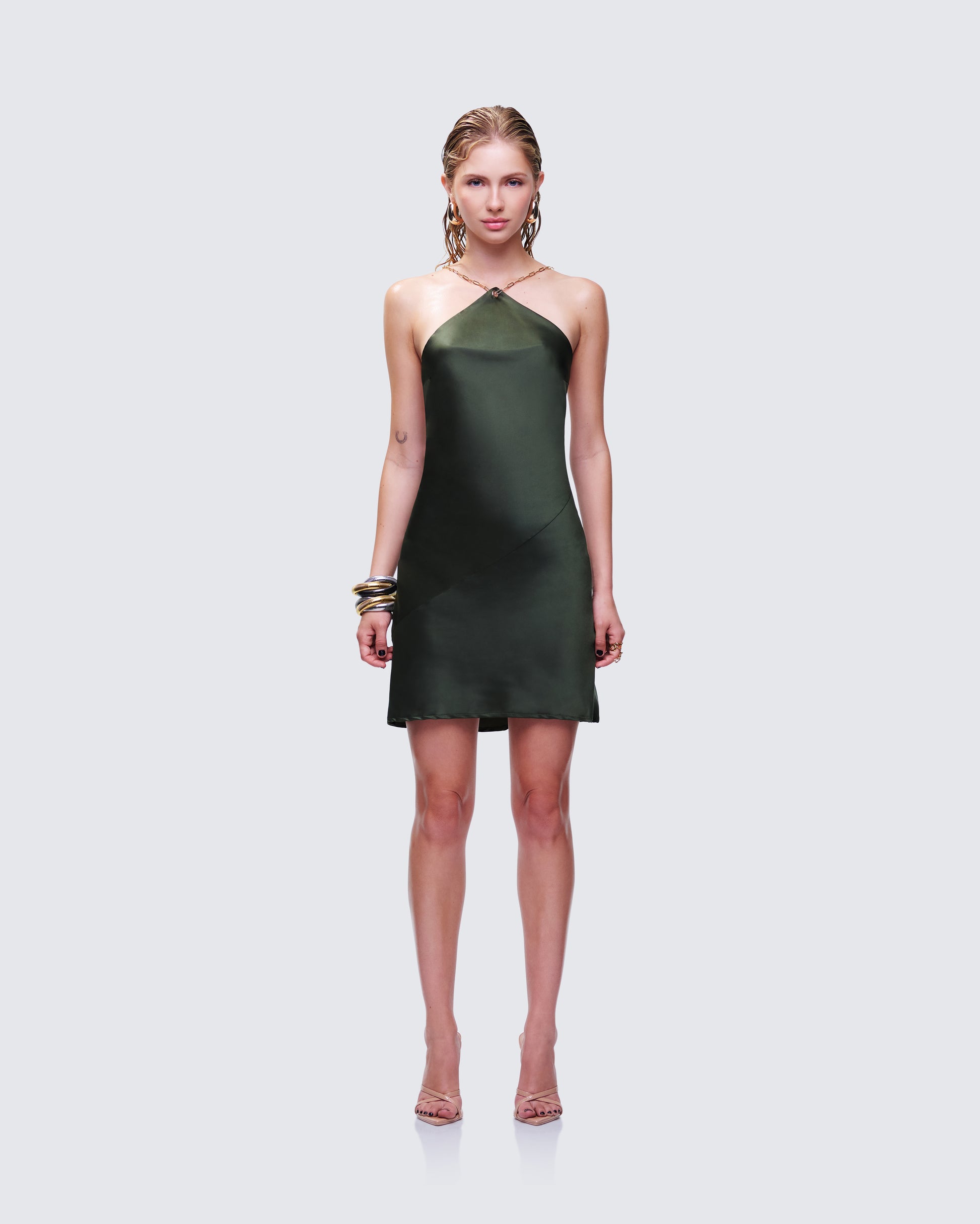 Olive Green Satin Mini Dress - Chain Strap Halter FINESSE Olive Green Satin Mini Dress - Chain Strap Halter FINESSE