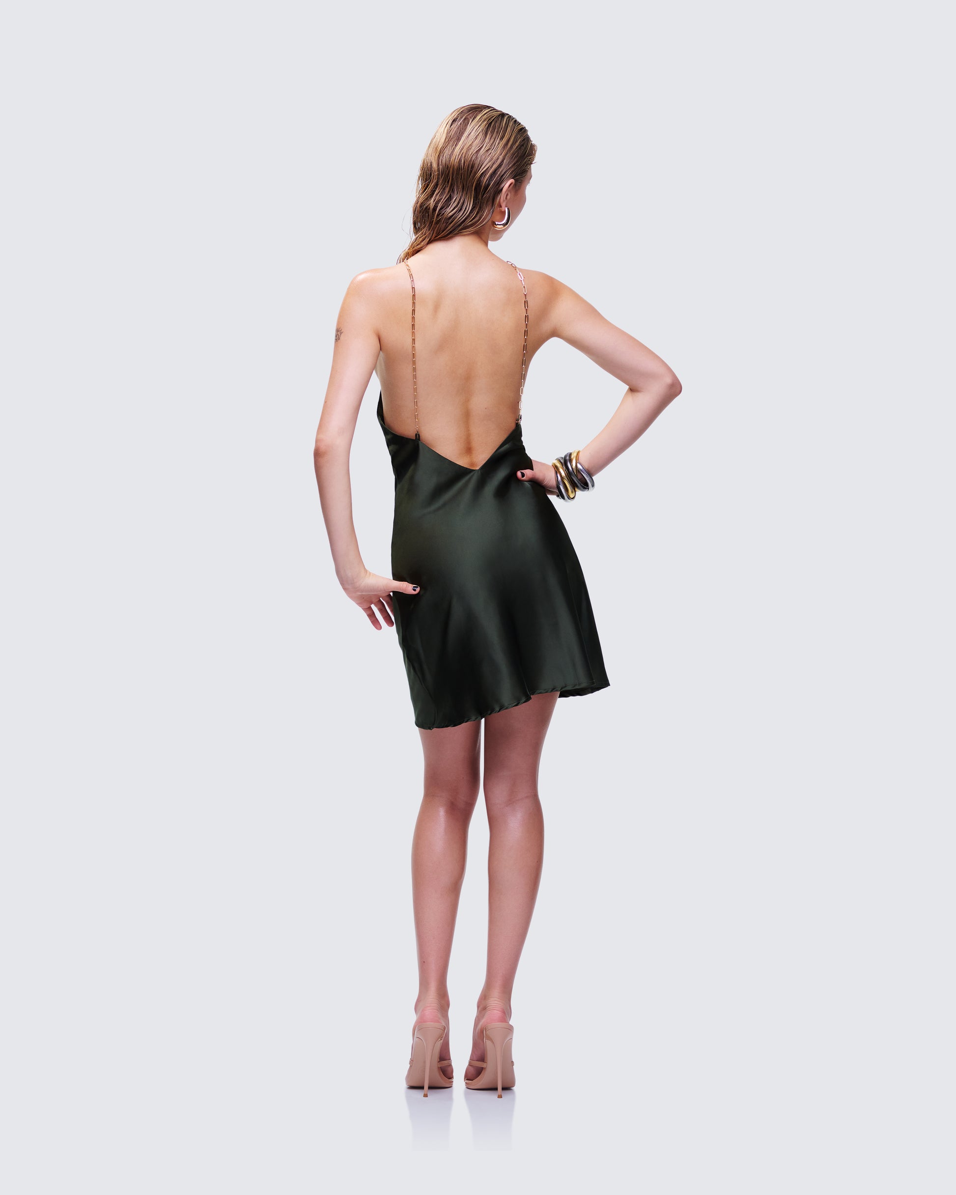 Olive Green Satin Mini Dress - Chain Strap Halter FINESSE Olive Green Satin Mini Dress - Chain Strap Halter FINESSE