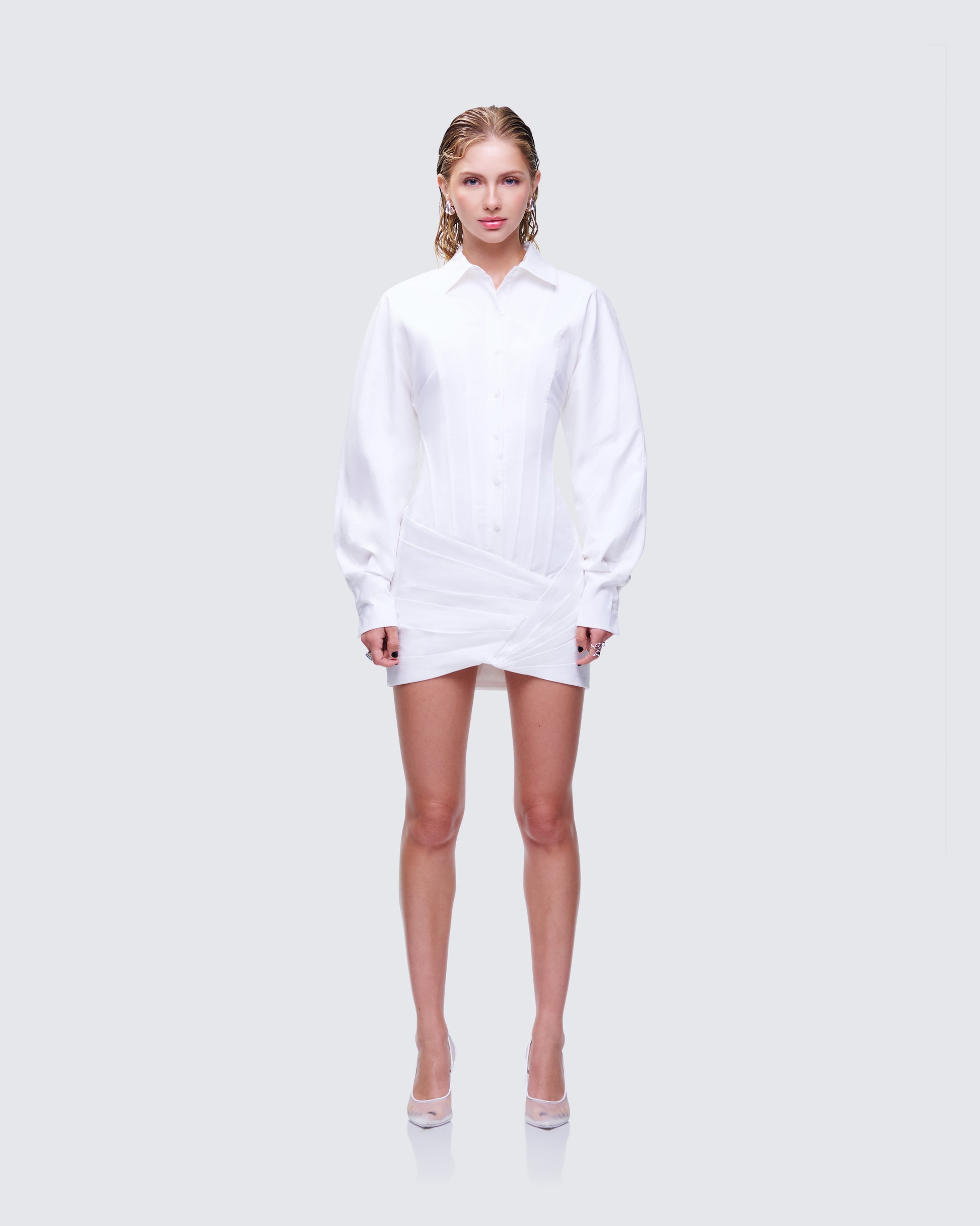white shirt dress Lacey Short fits bust around 75 White Shirt Dress - Cinched