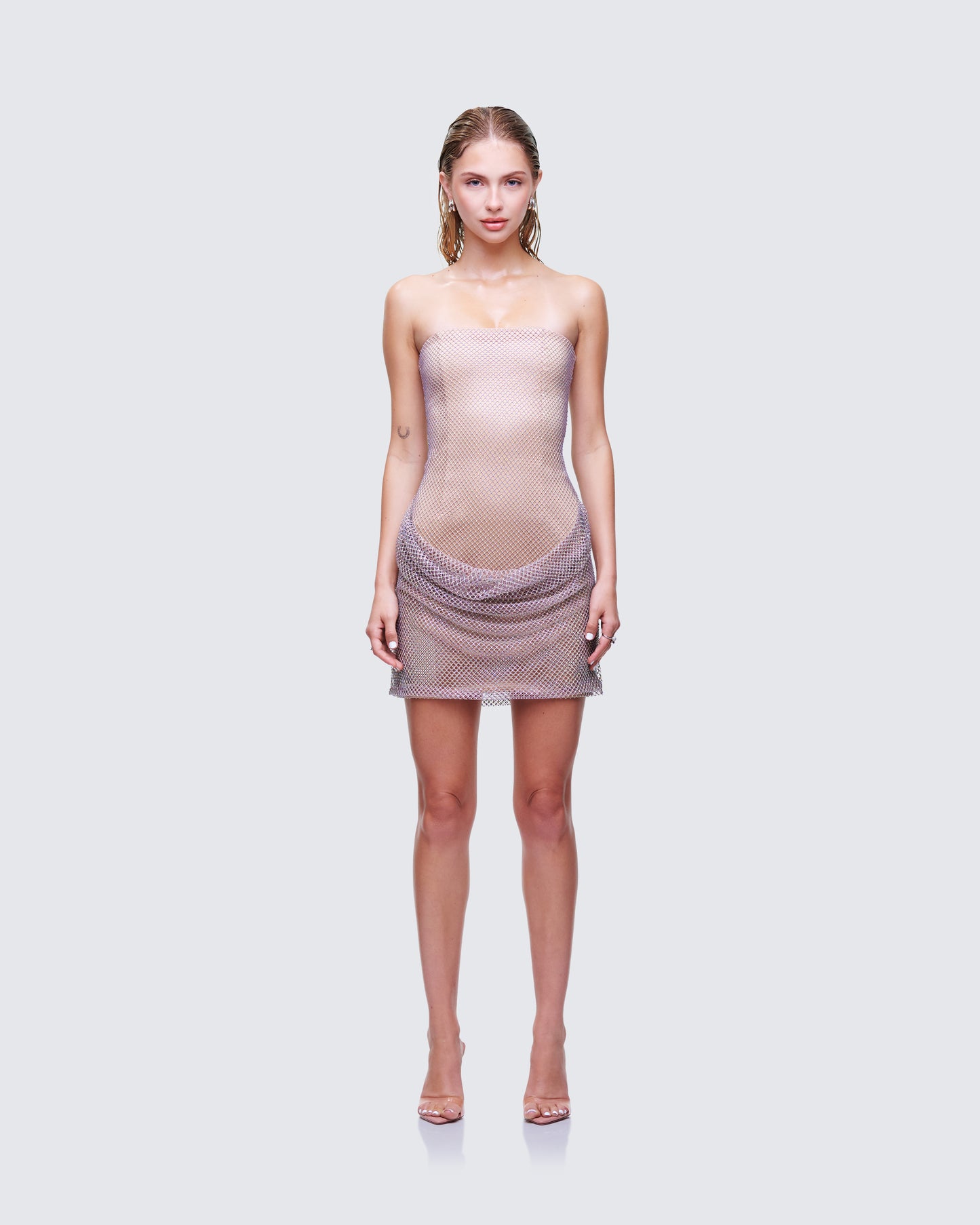 Fortuna Silver Hotfix Strapless Mini Dress model front