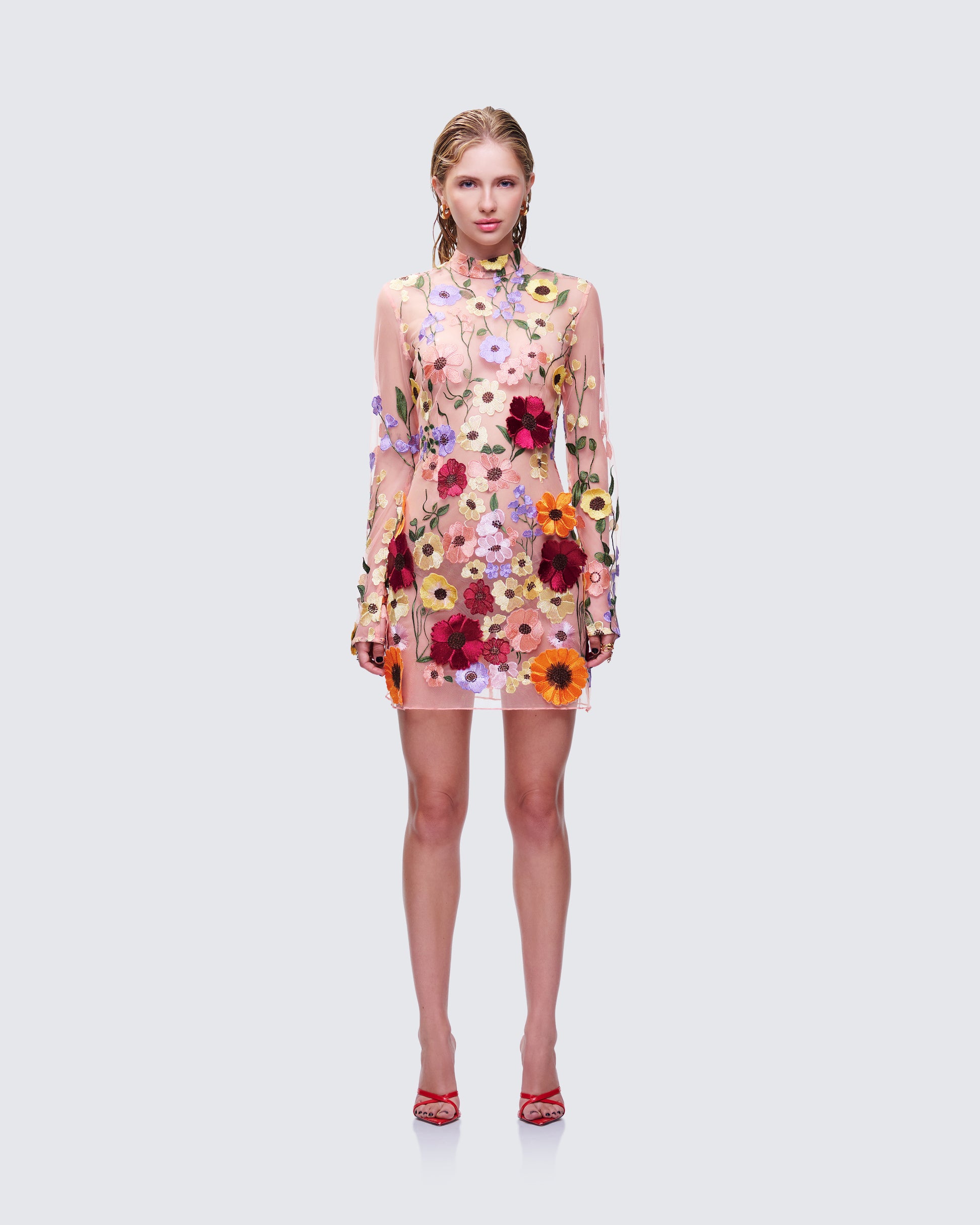 Pink Floral Mesh Mini Dress - Long Sleeve Bodycon FINESSE Pink Floral Mesh Mini Dress - Long Sleeve Bodycon FINESSE