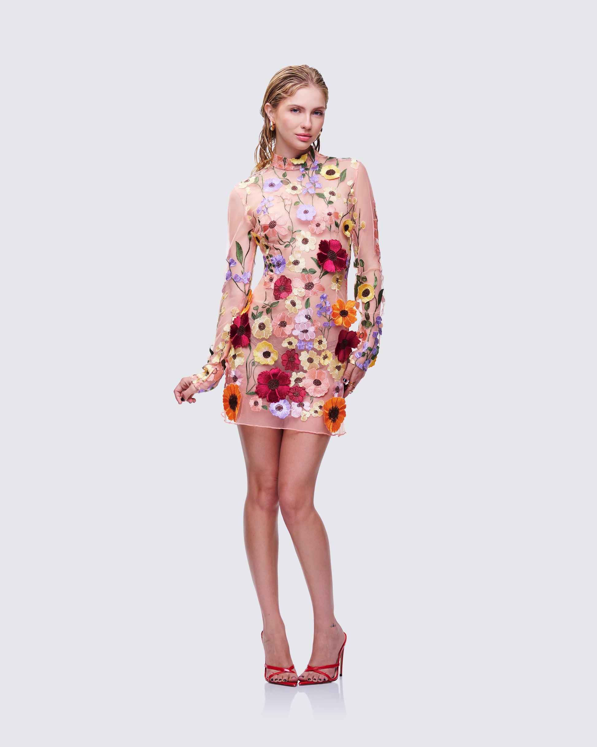 Pink Floral Mesh Mini Dress - Long Sleeve Bodycon L Pink Floral Mesh Mini Dress - Long Sleeve Bodycon L