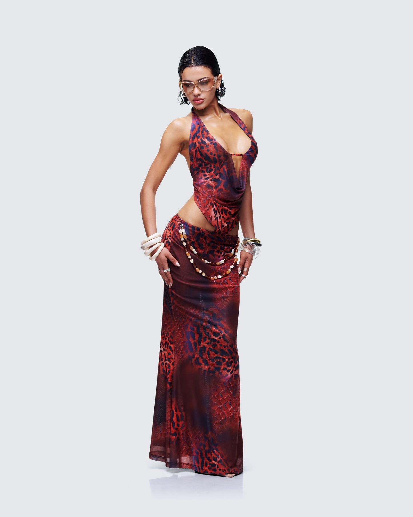 Neeve Brown Mesh Bead Trim Maxi Dress