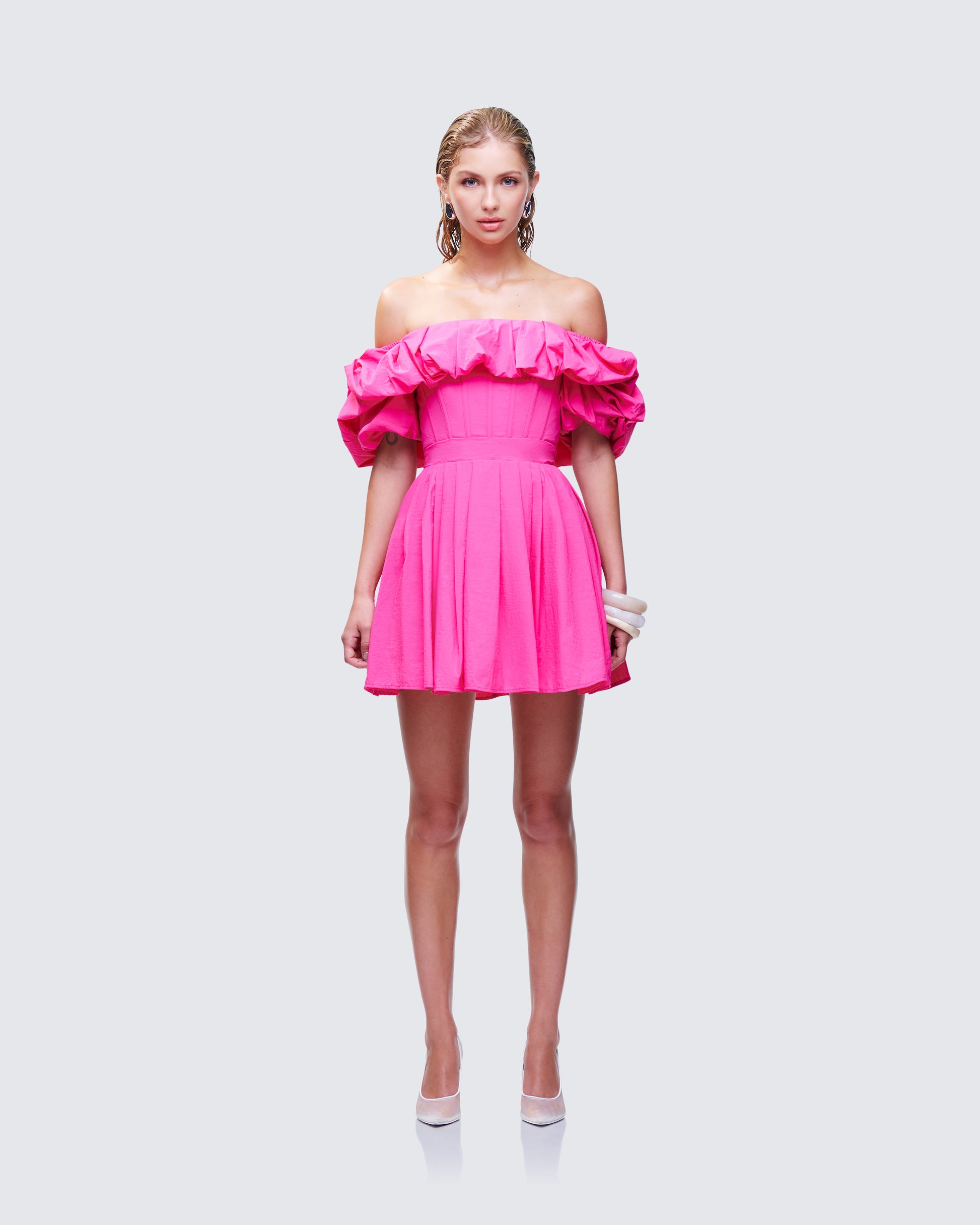 Rose Pink Off Shoulder Mini Dress - Corset Bodice Ruffle FINESSE Rose Pink Off Shoulder Mini Dress - Corset Bodice Ruffle FINESSE
