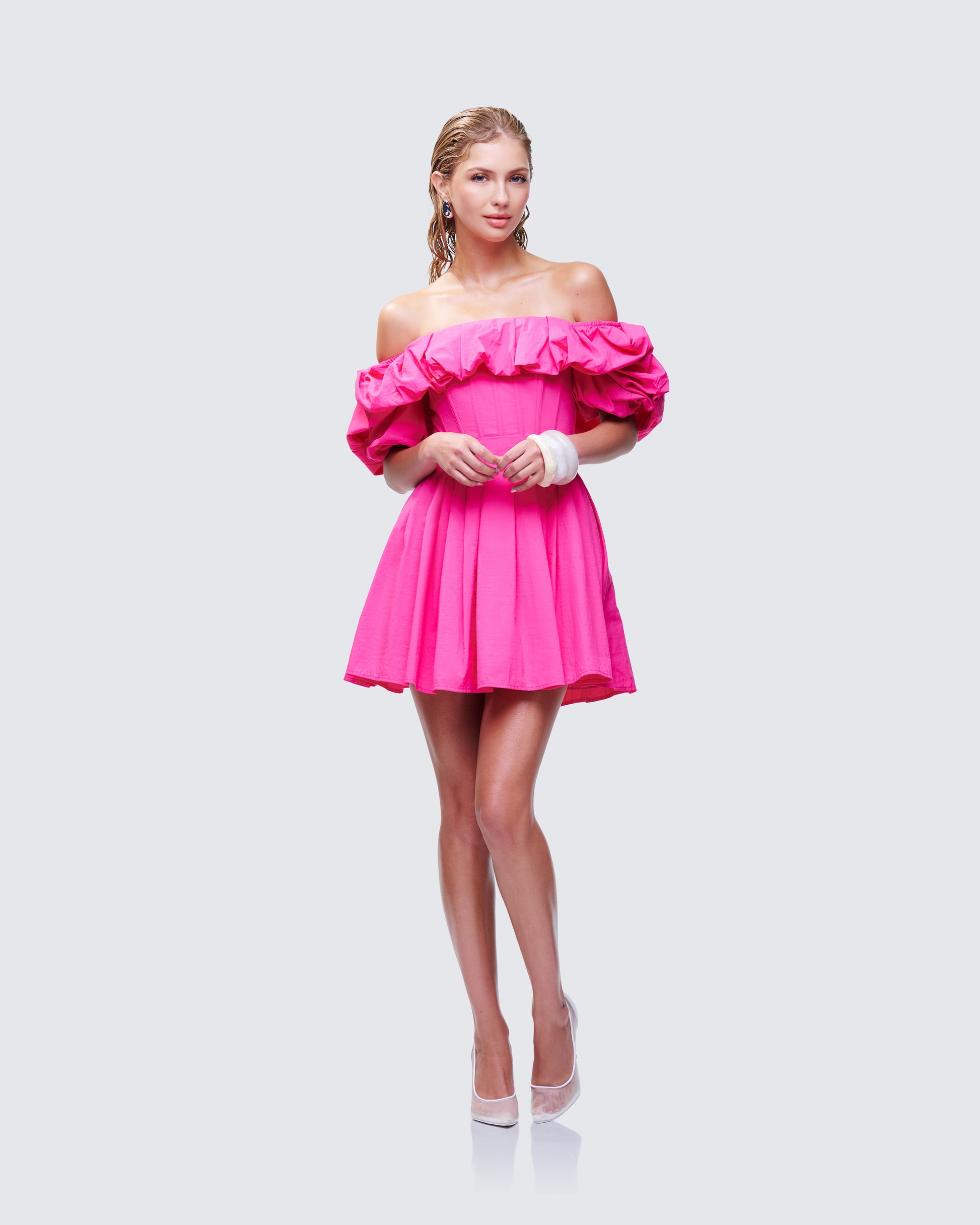 Rose Pink Off Shoulder Mini Dress - Corset Bodice Ruffle FINESSE Rose Pink Off Shoulder Mini Dress - Corset Bodice Ruffle FINESSE